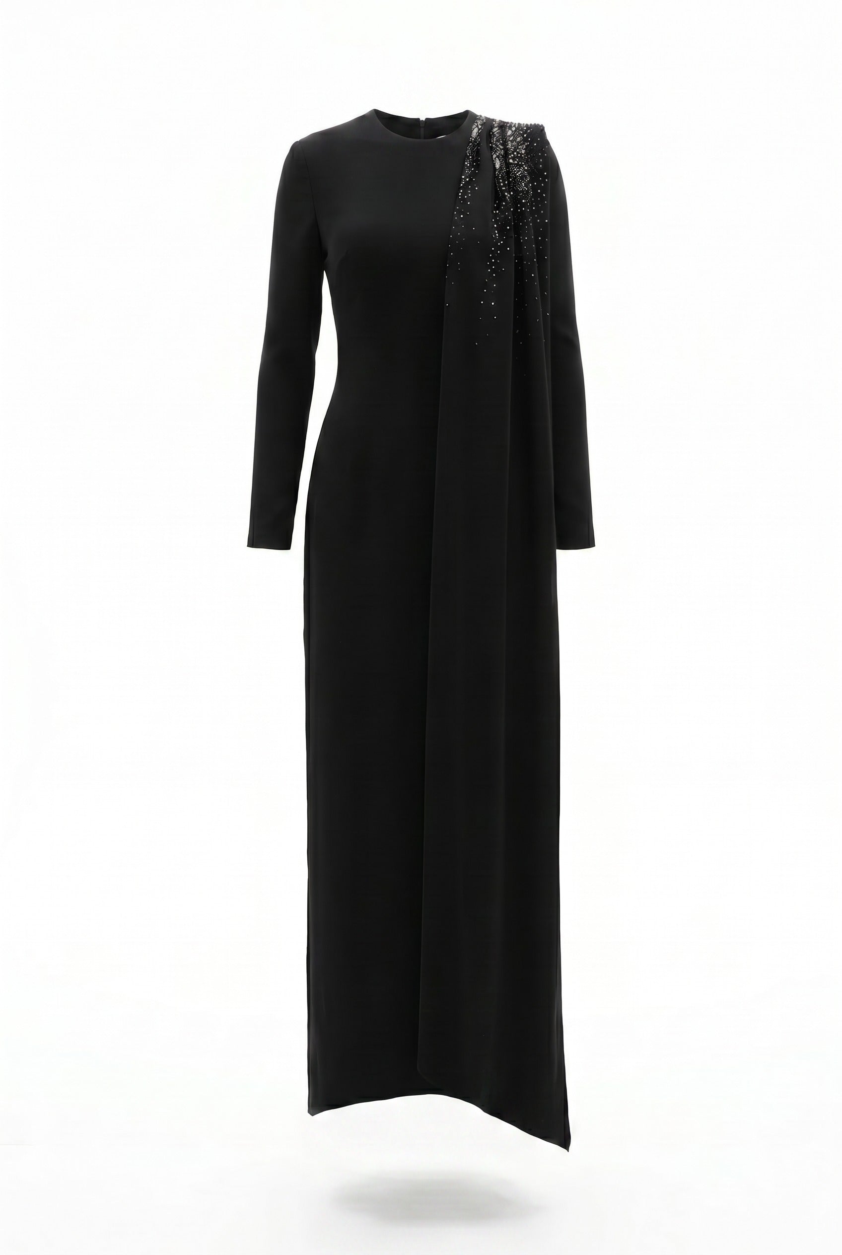 Crystal-Embellished Draped Black Column Gown
