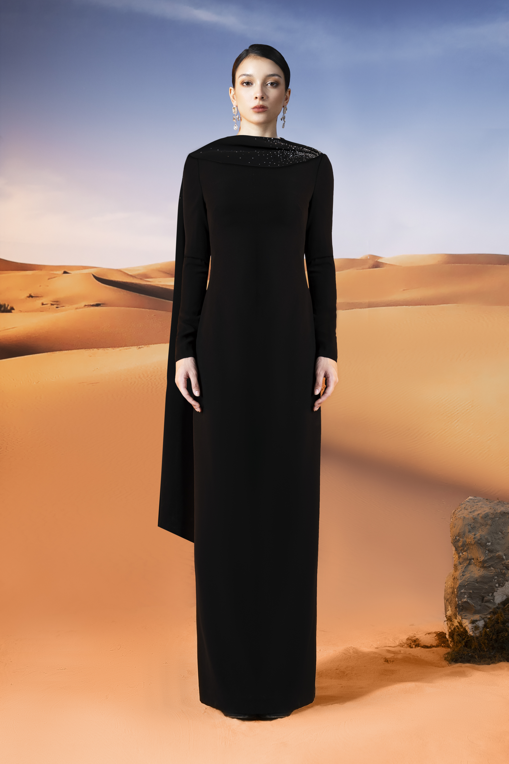 Crystal-Embellished Draped Black Column Gown