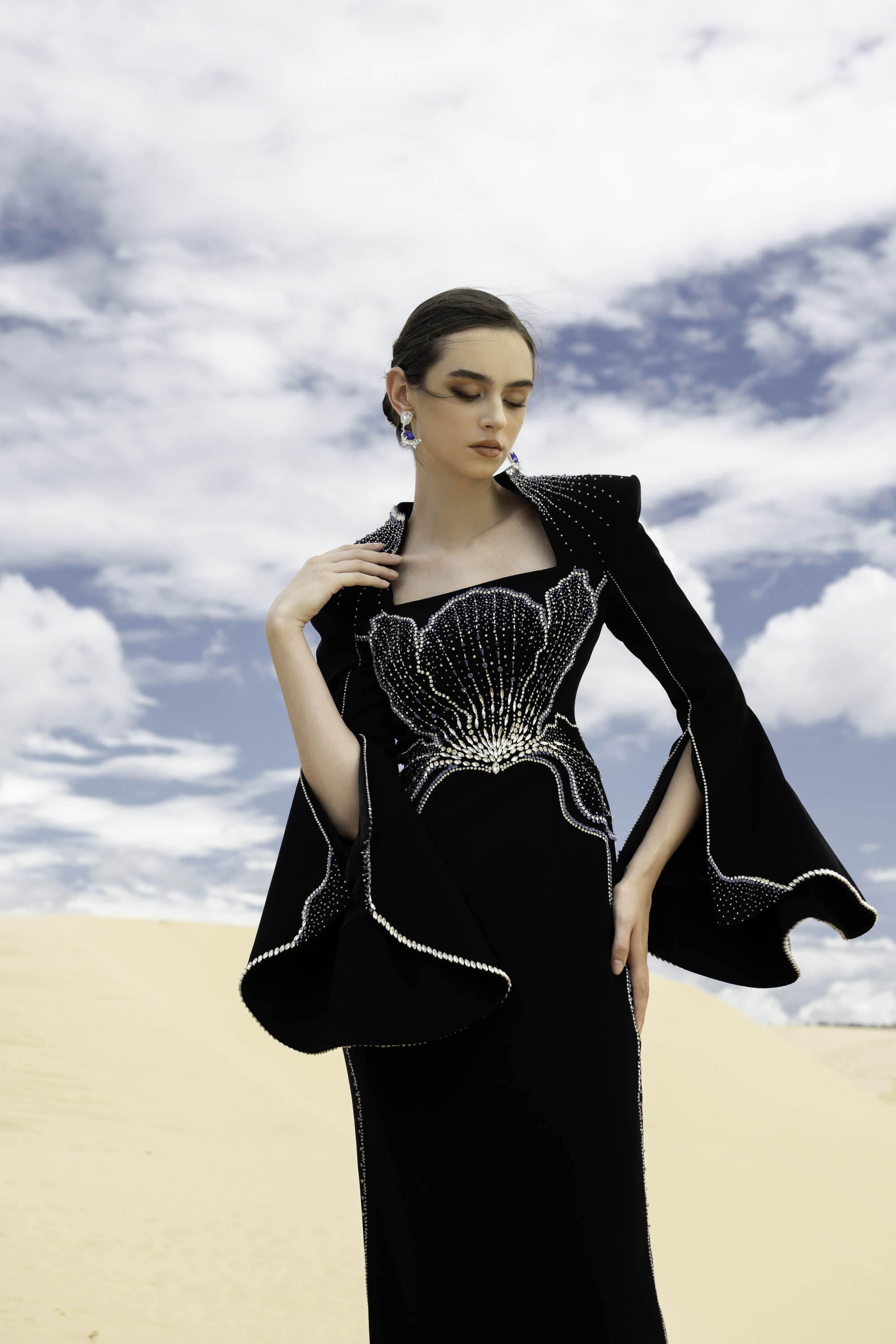 Crystal-Embellished Draped Black Evening Gown