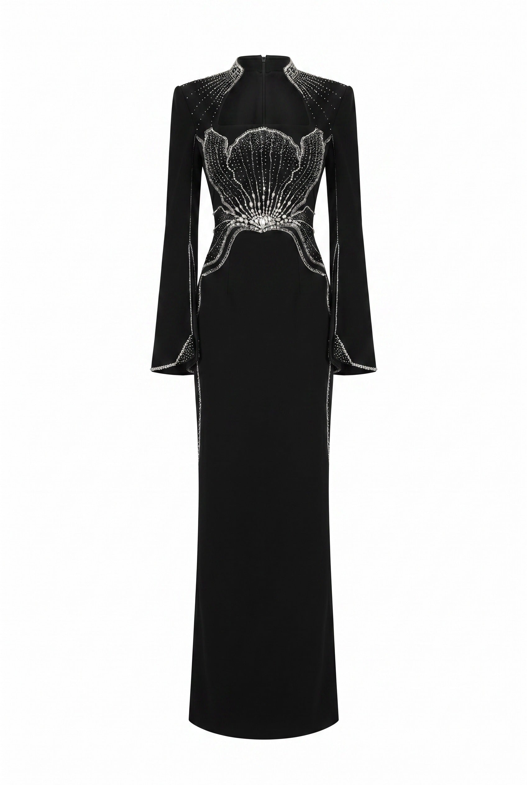 Crystal-Embellished Draped Black Evening Gown