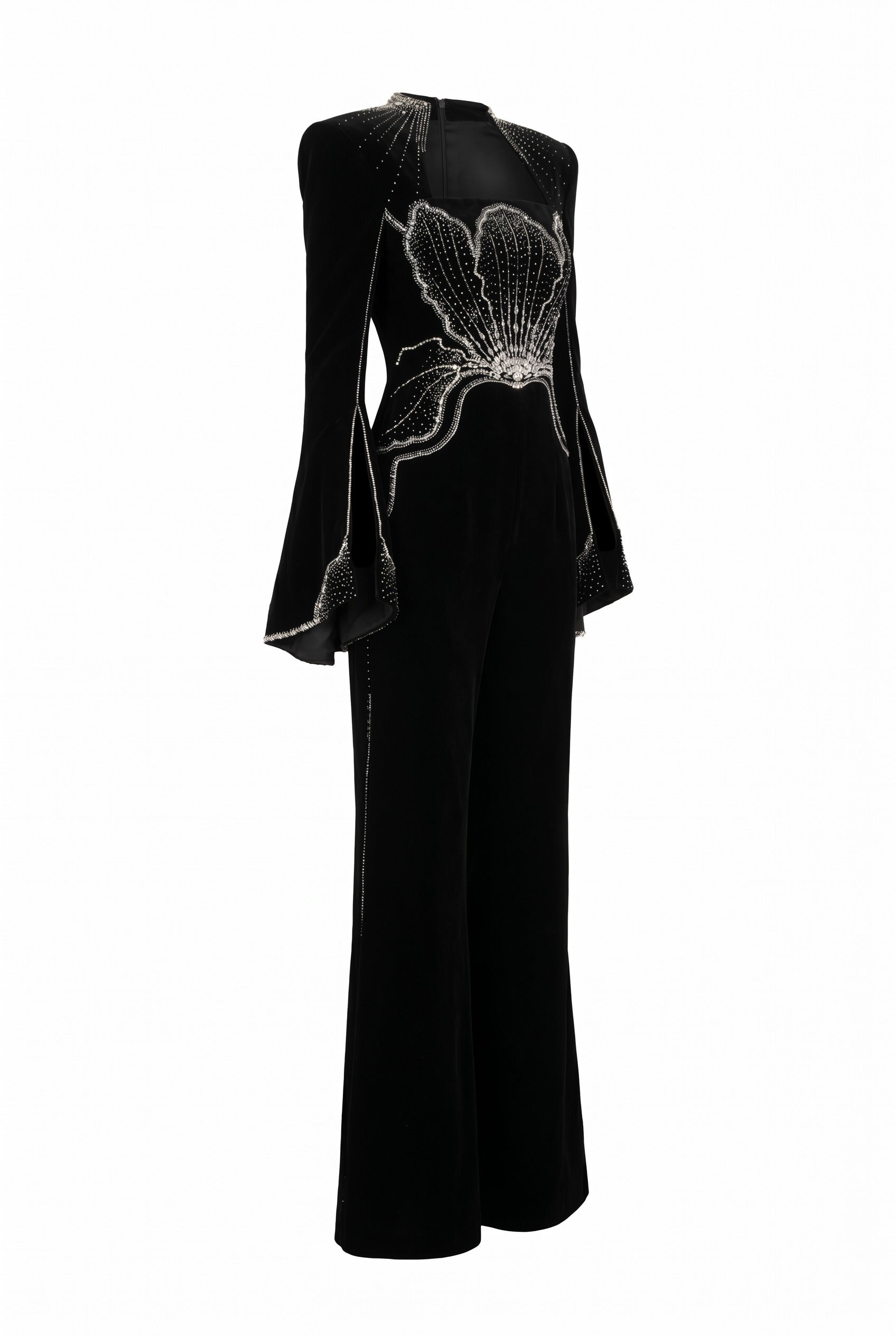 Crystal-Embellished Draped Black Evening Gown