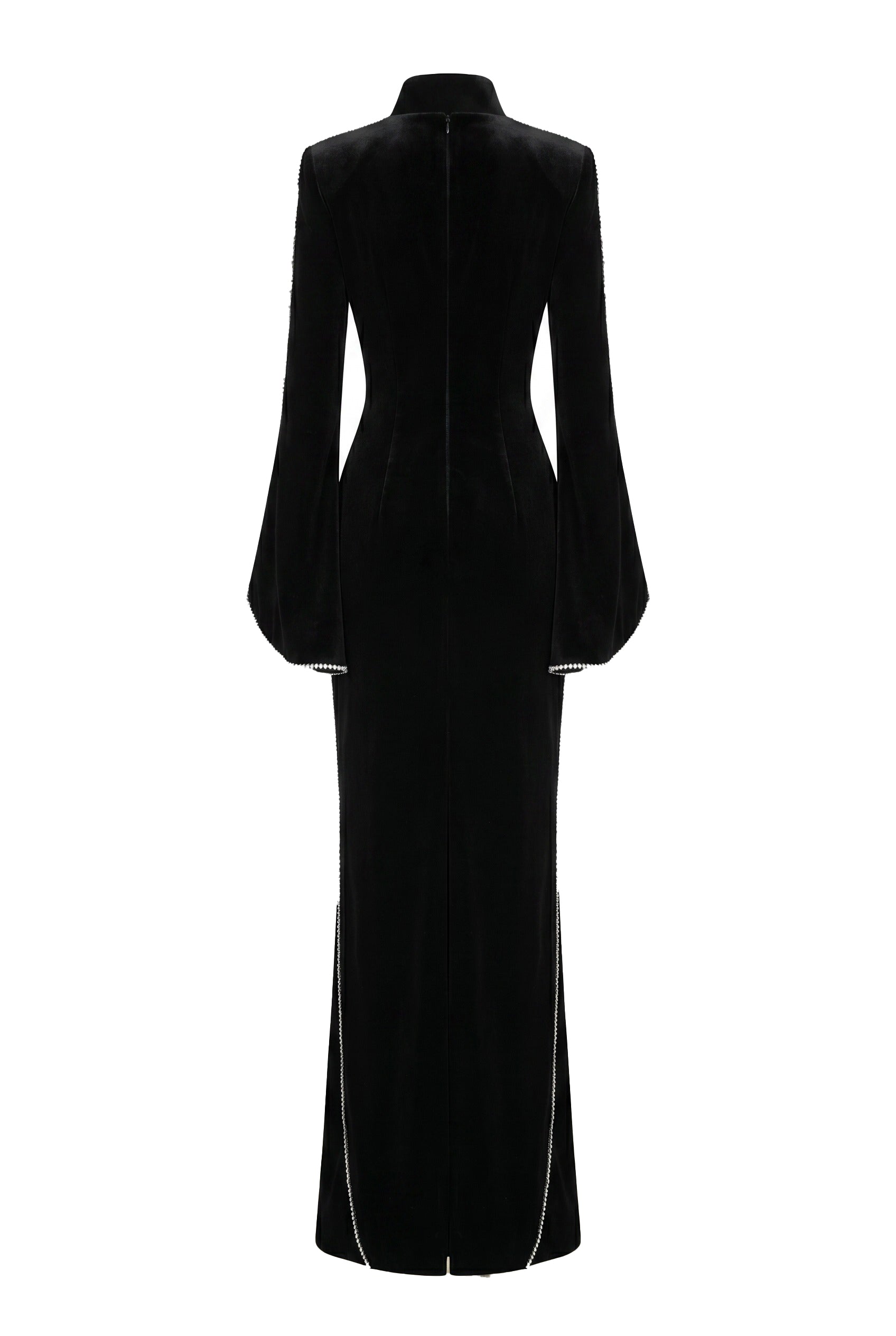 Crystal-Embellished Draped Black Evening Gown