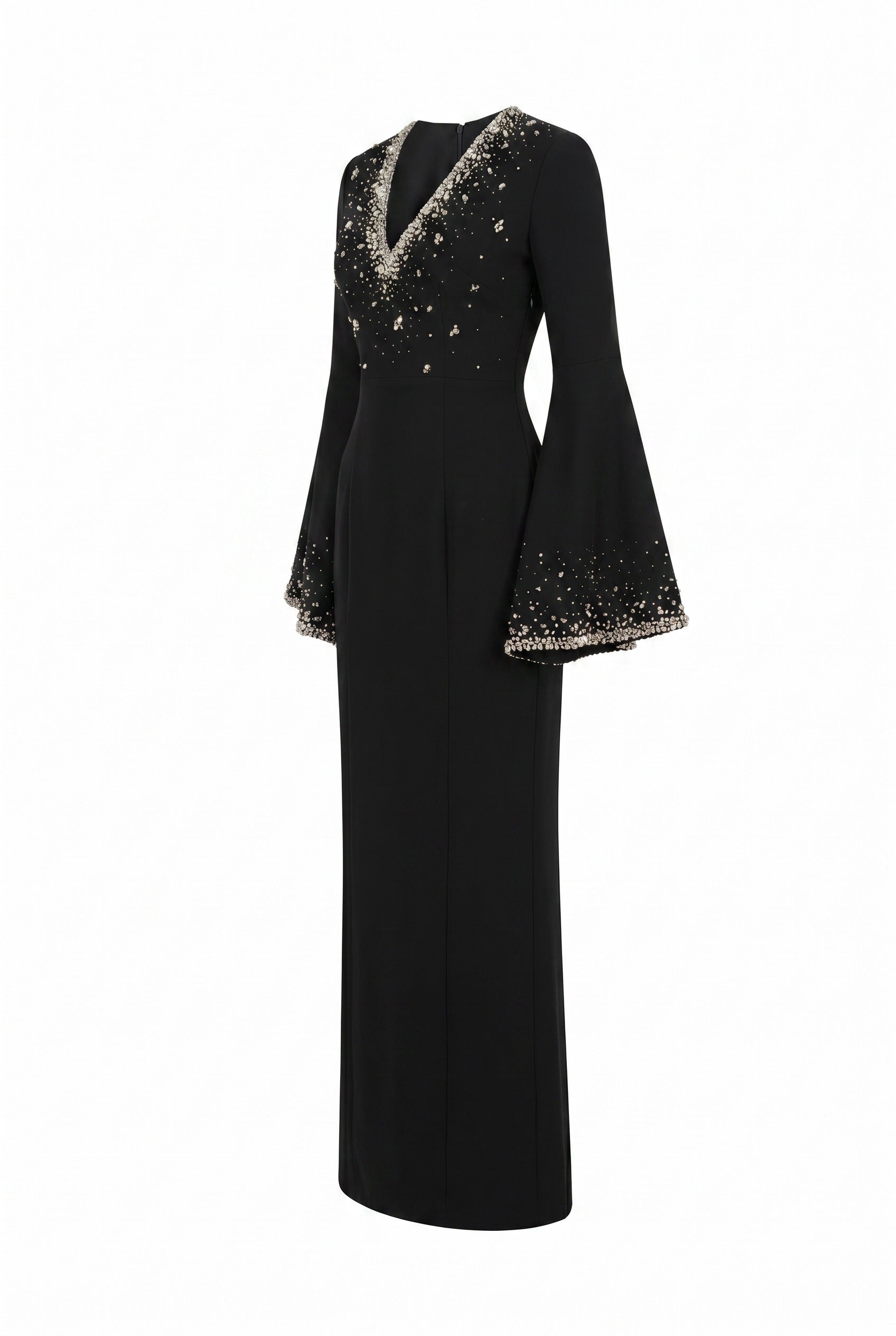 Crystal-Embellished Flared Sleeve Black Maxi Gown