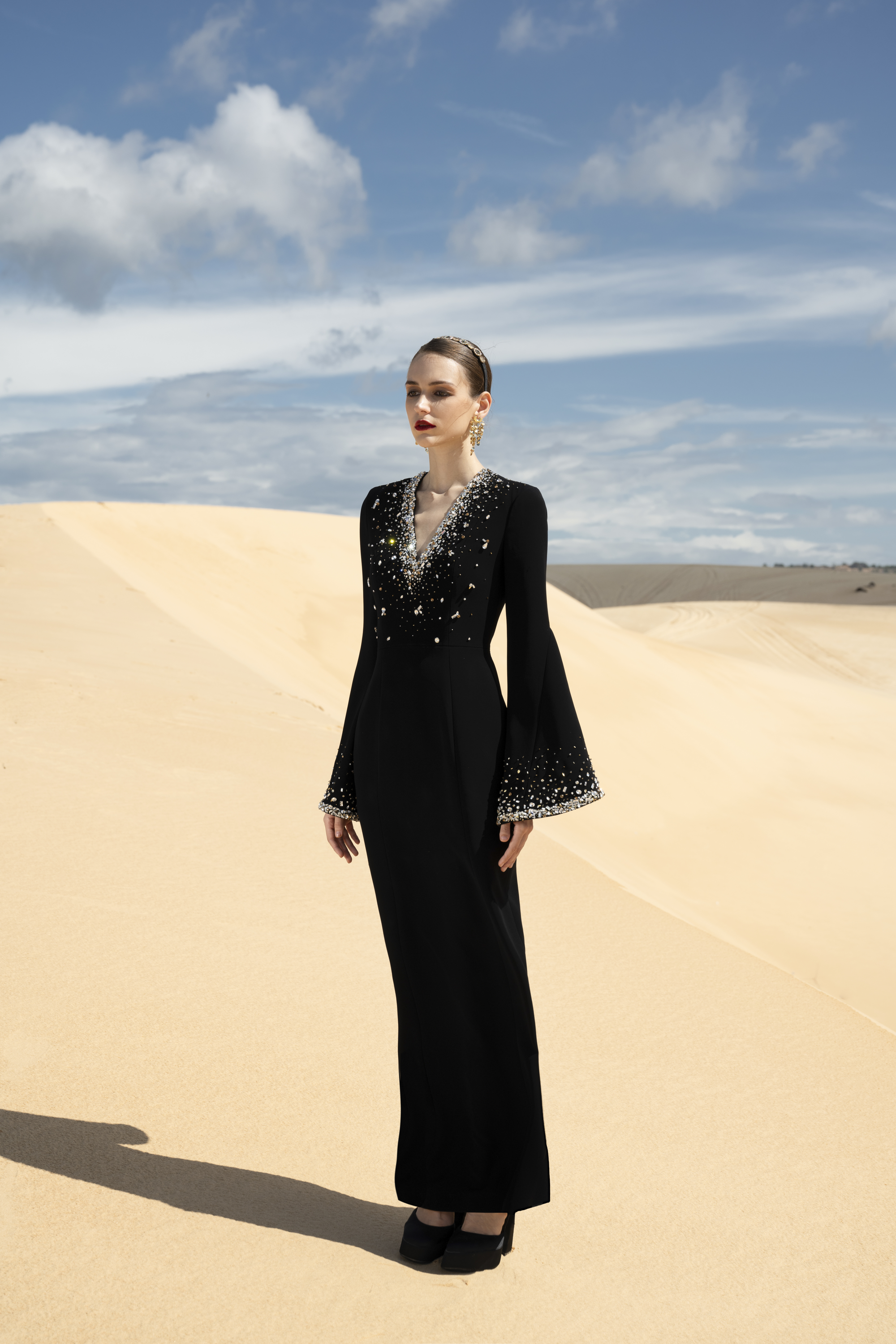 Crystal-Embellished Flared Sleeve Black Maxi Gown