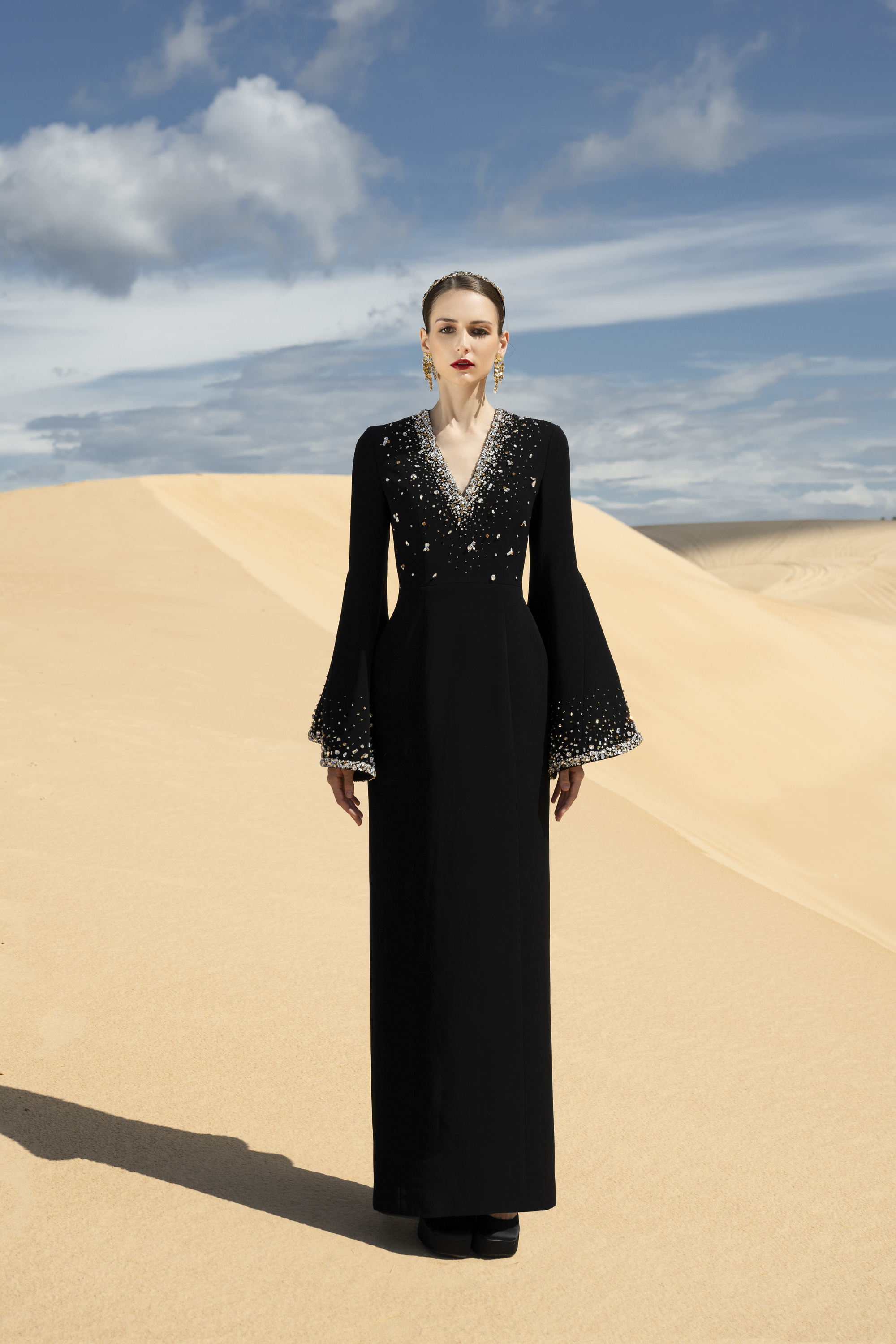 Crystal-Embellished Flared Sleeve Black Maxi Gown