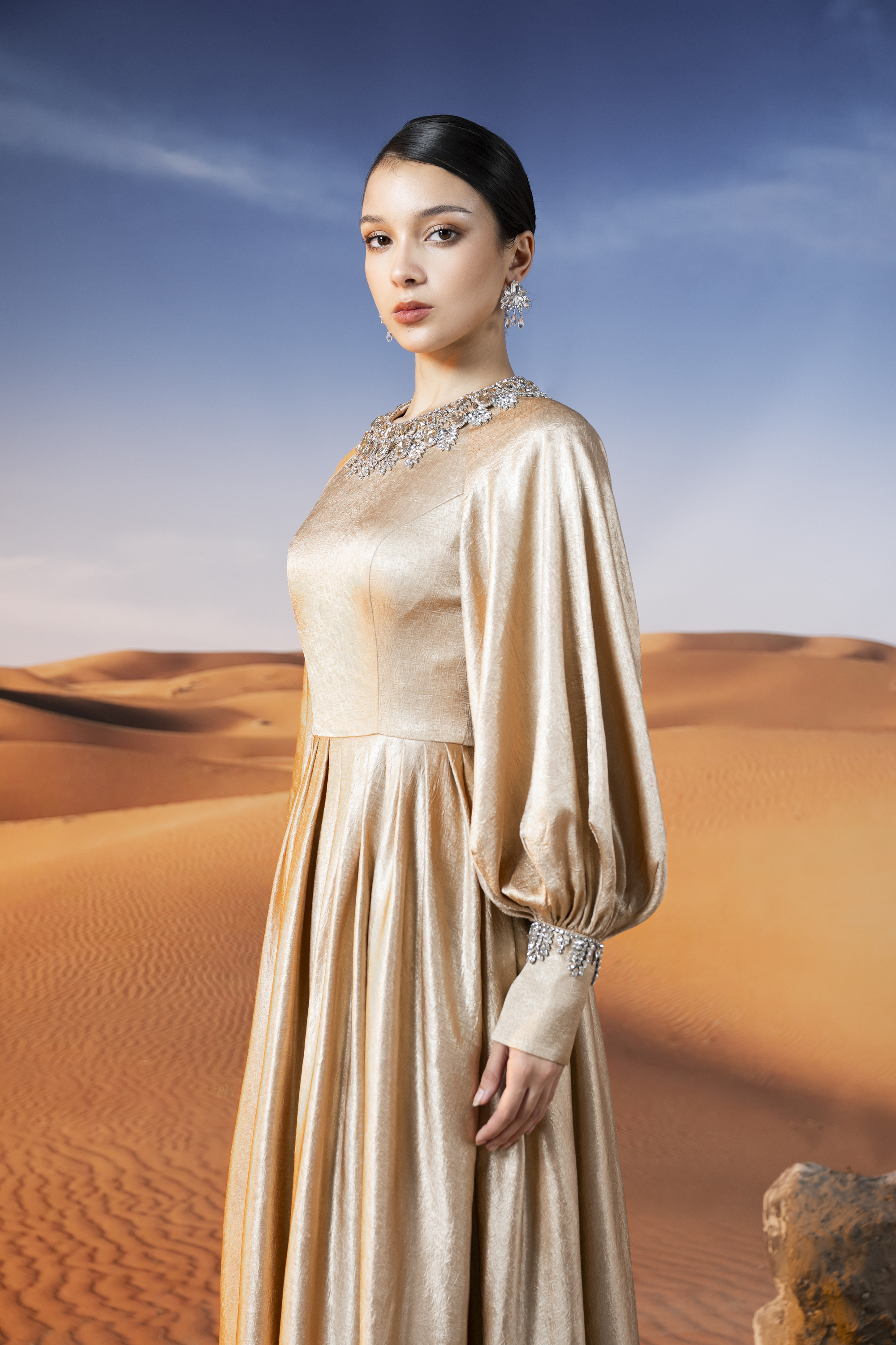 Crystal-Embellished Gold Long Sleeve Maxi Gown