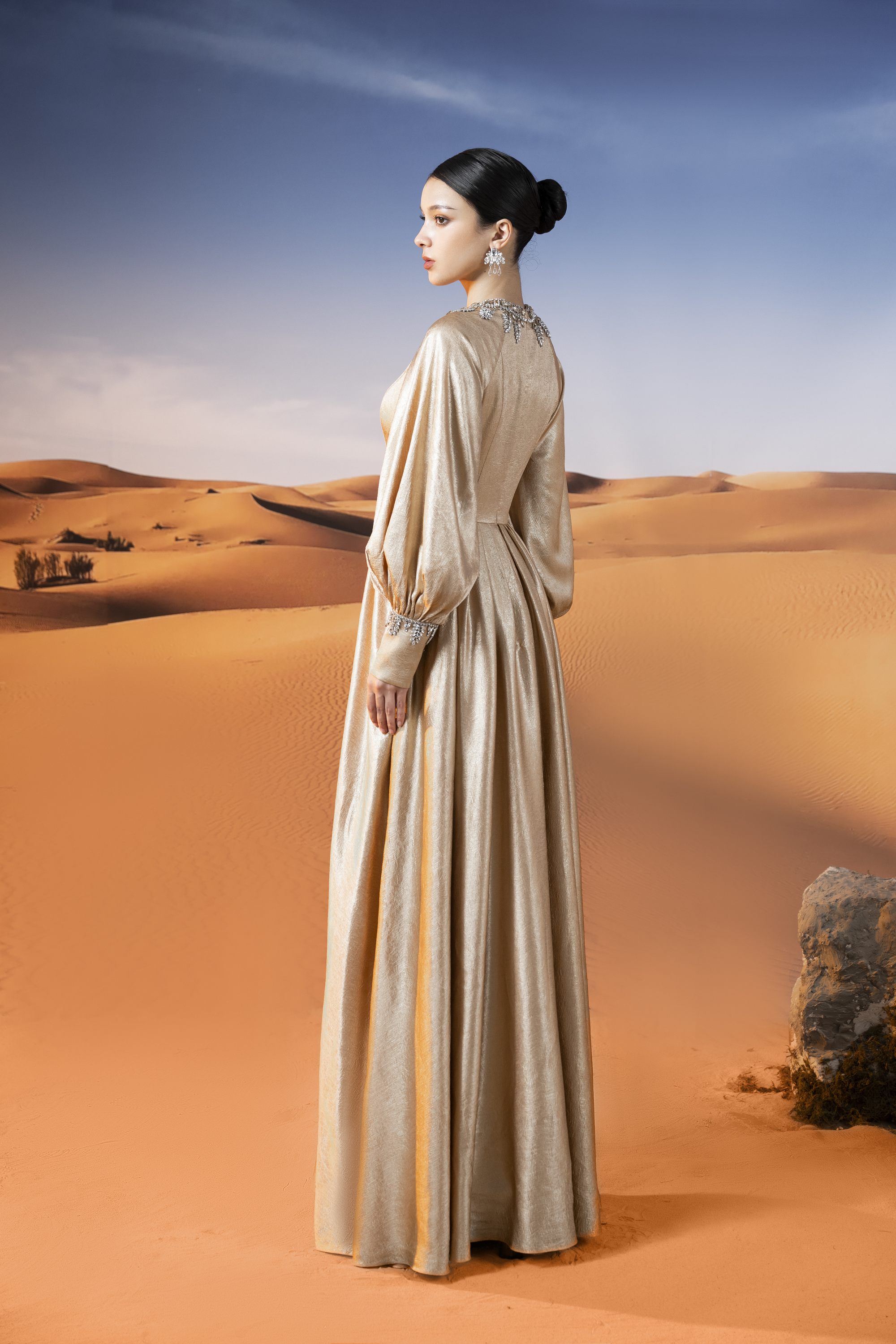 Crystal-Embellished Gold Long Sleeve Maxi Gown
