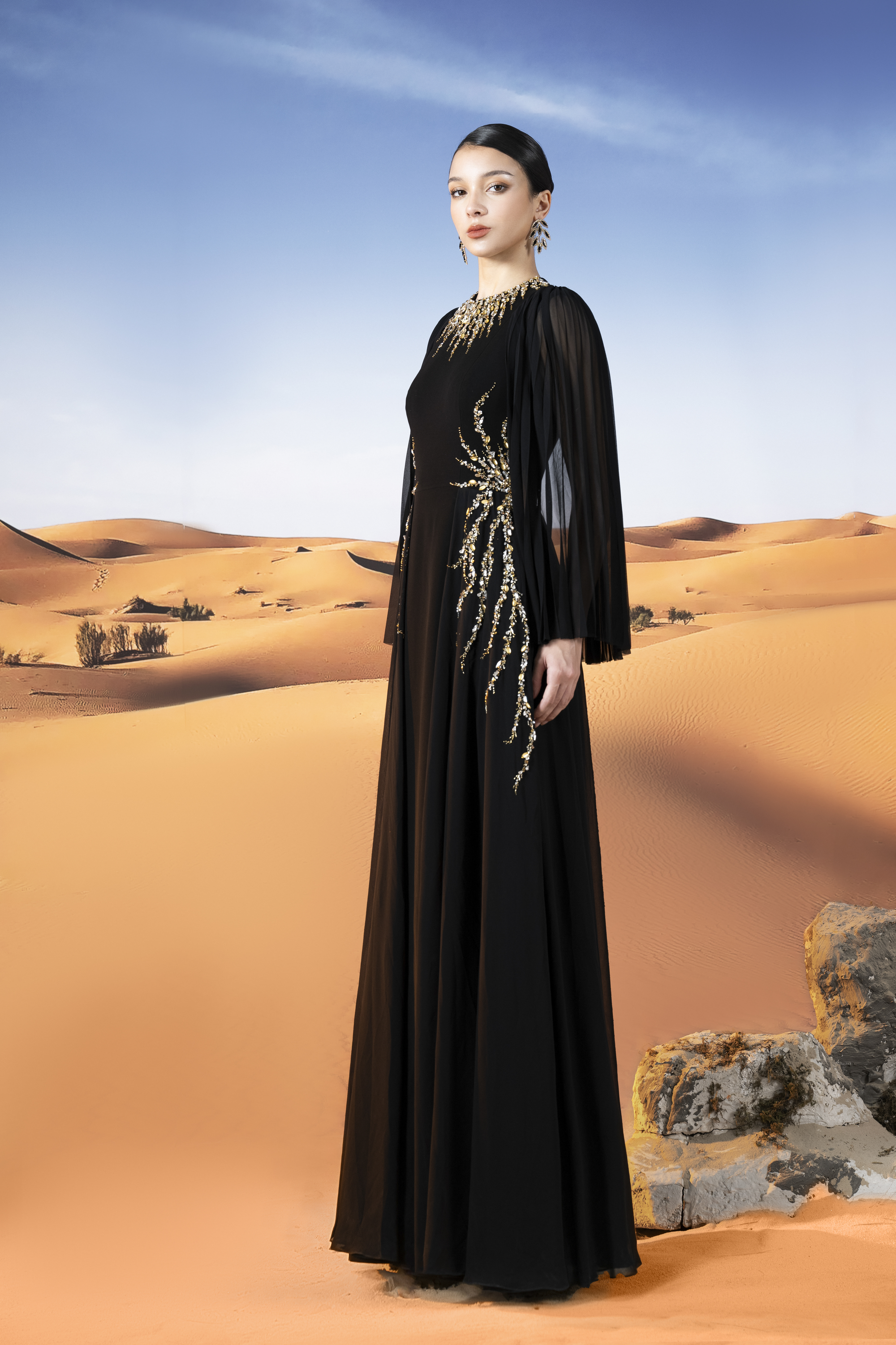 Crystal-Embellished Pleated Sleeve Black Maxi Gown