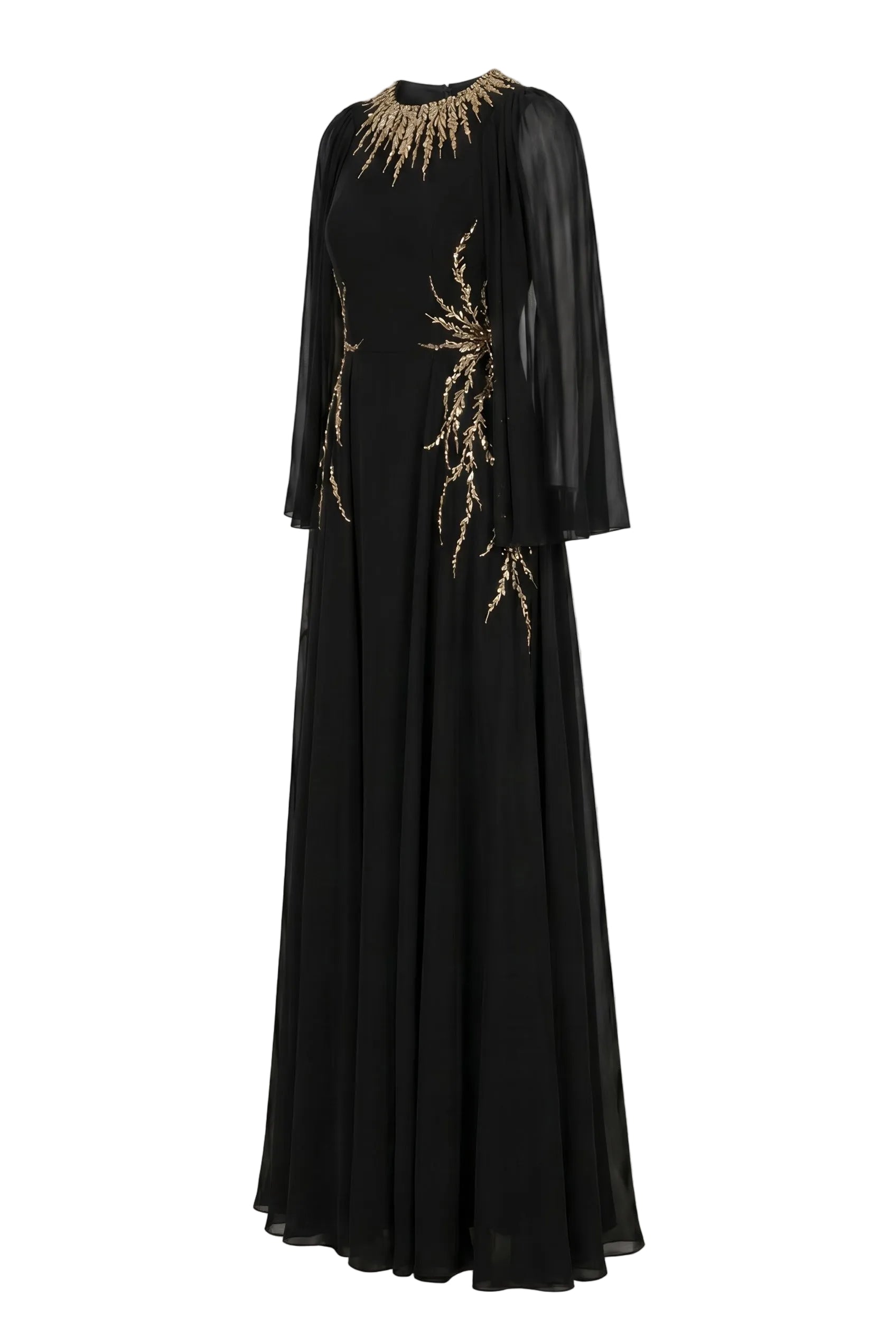 Crystal-Embellished Pleated Sleeve Black Maxi Gown