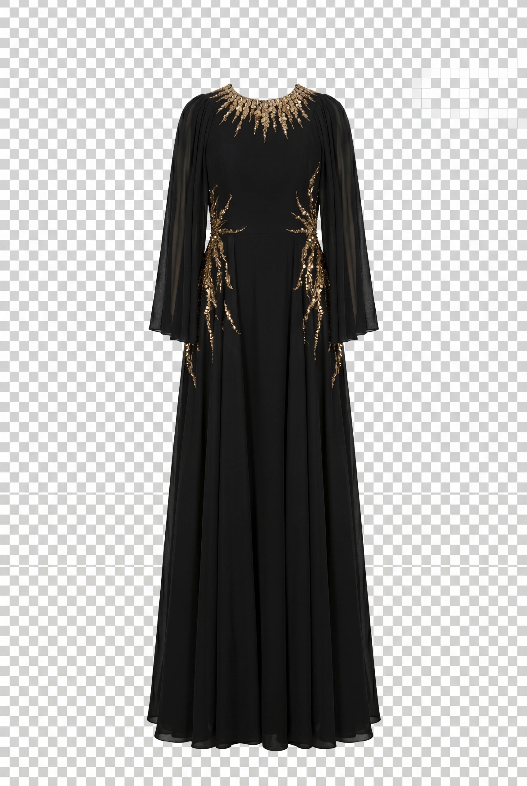 Crystal-Embellished Pleated Sleeve Black Maxi Gown