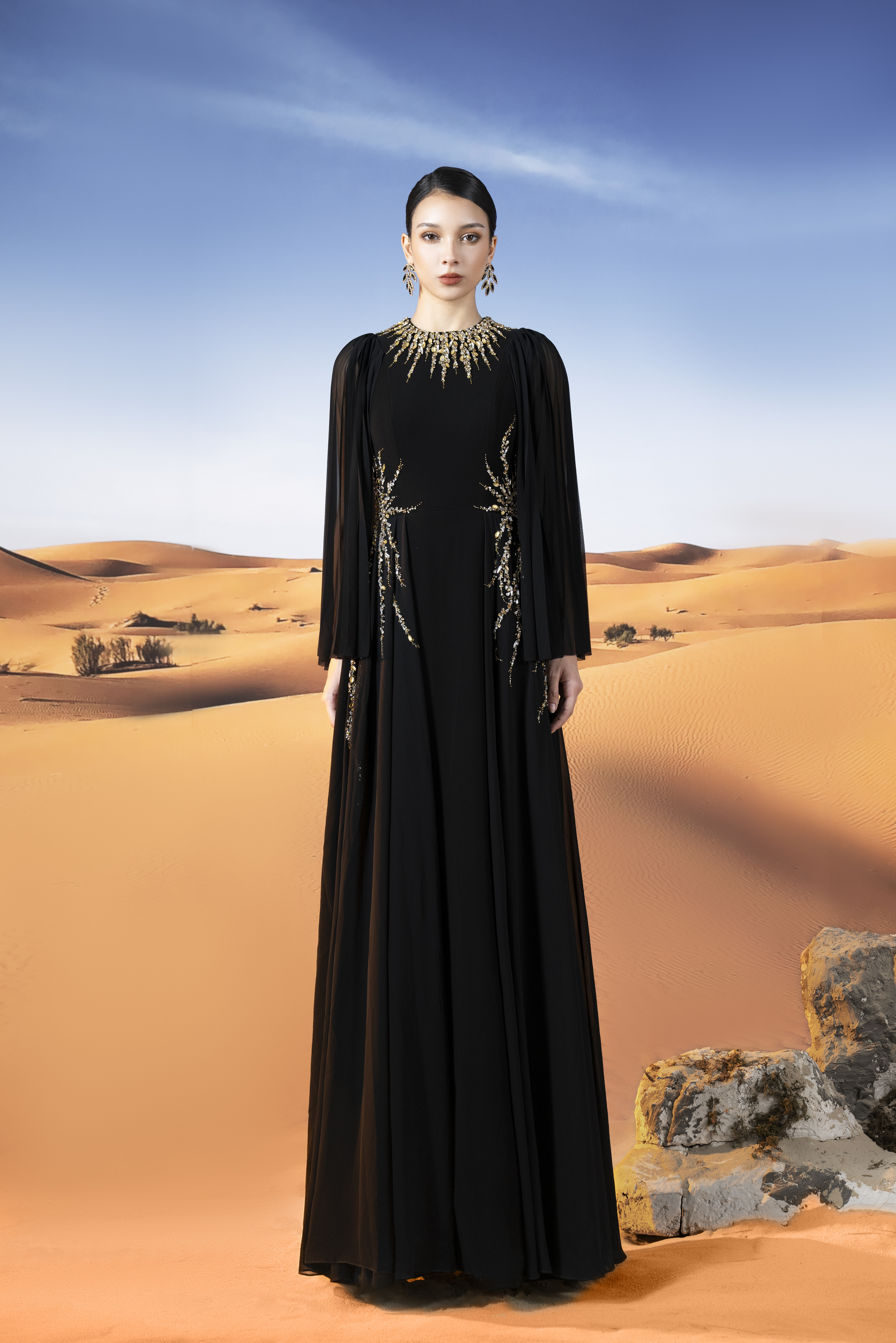Crystal-Embellished Pleated Sleeve Black Maxi Gown
