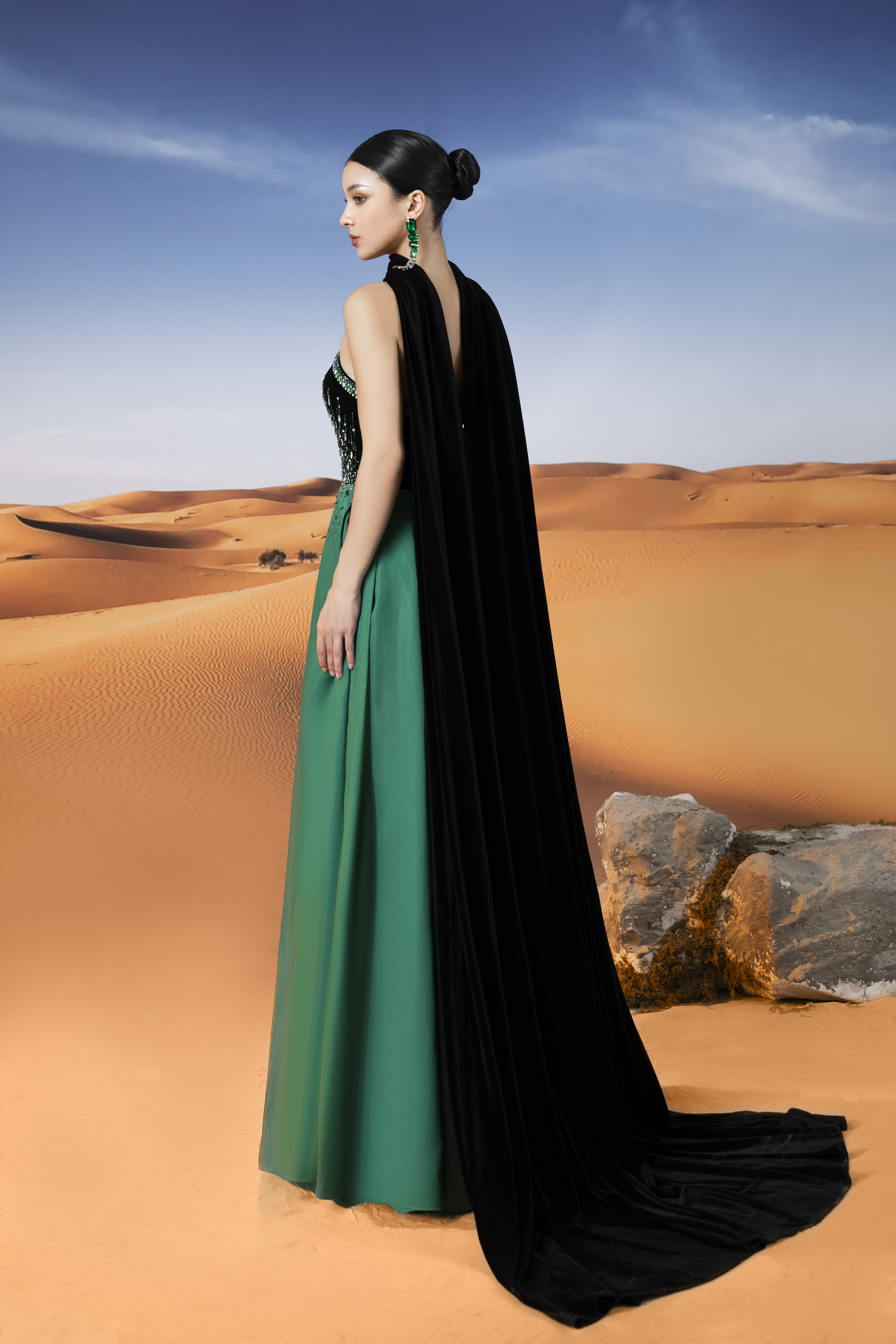 Crystal-Embellished Strapless Green Evening Gown