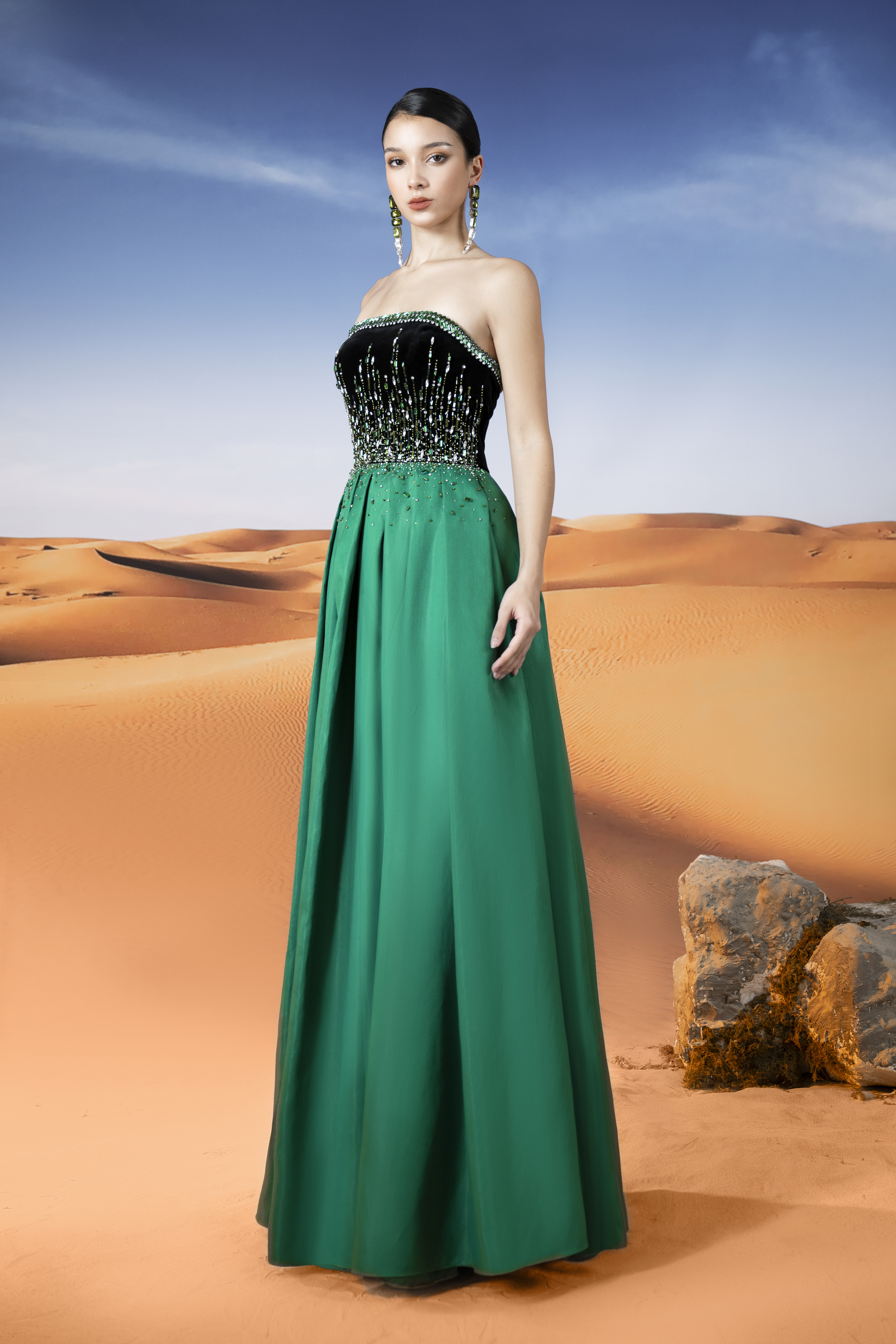 Crystal-Embellished Strapless Green Evening Gown