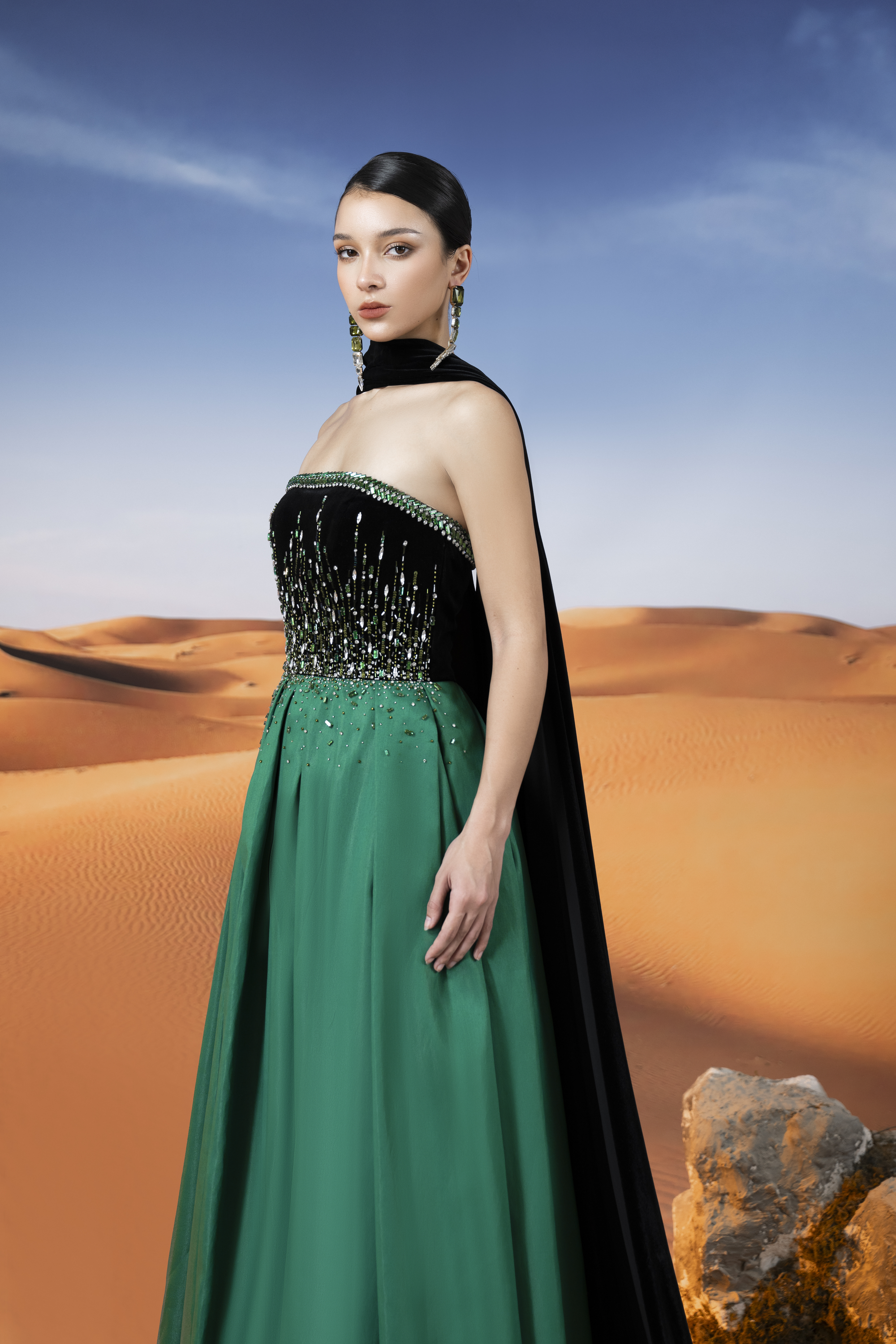 Crystal-Embellished Strapless Green Evening Gown