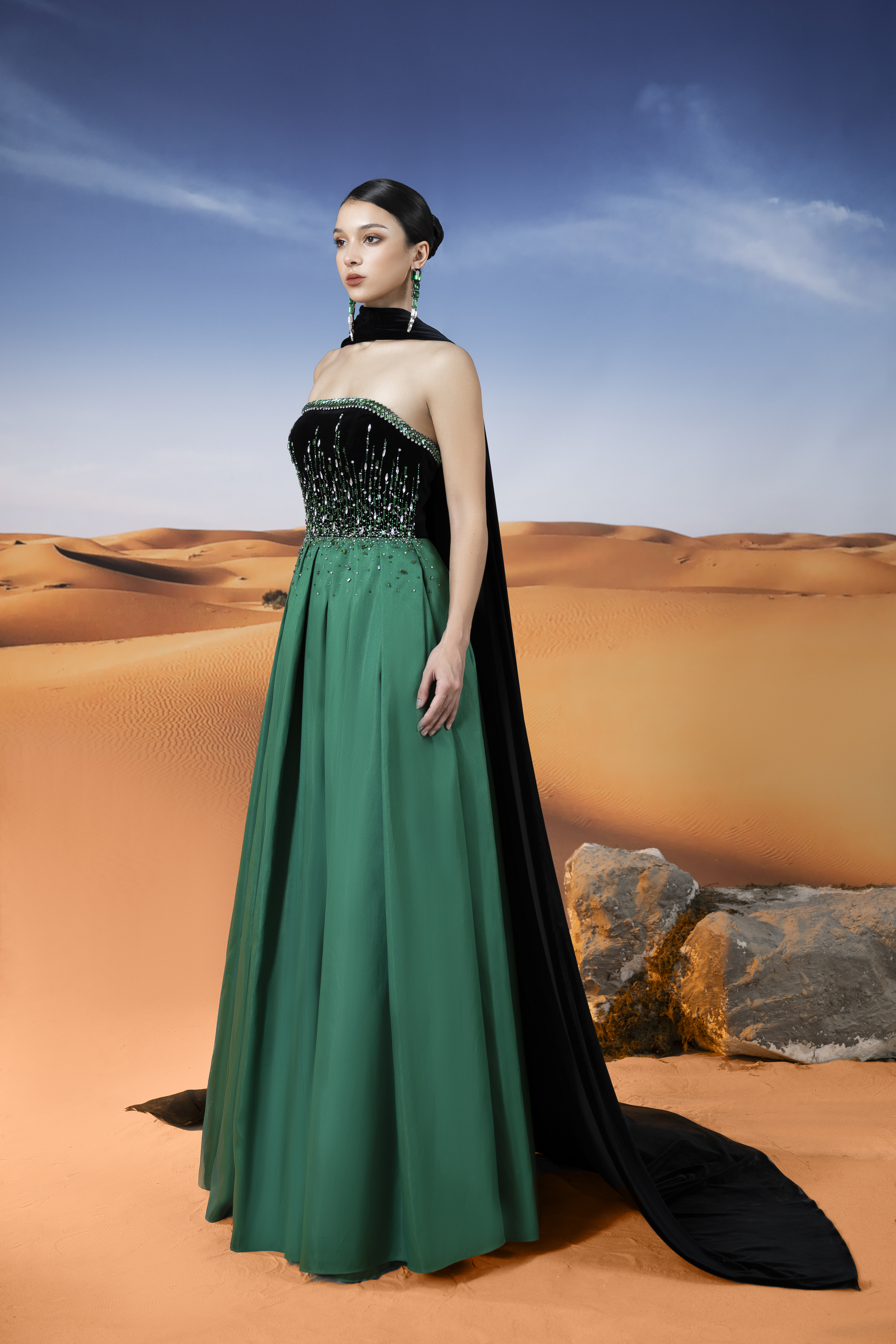 Crystal-Embellished Strapless Green Evening Gown