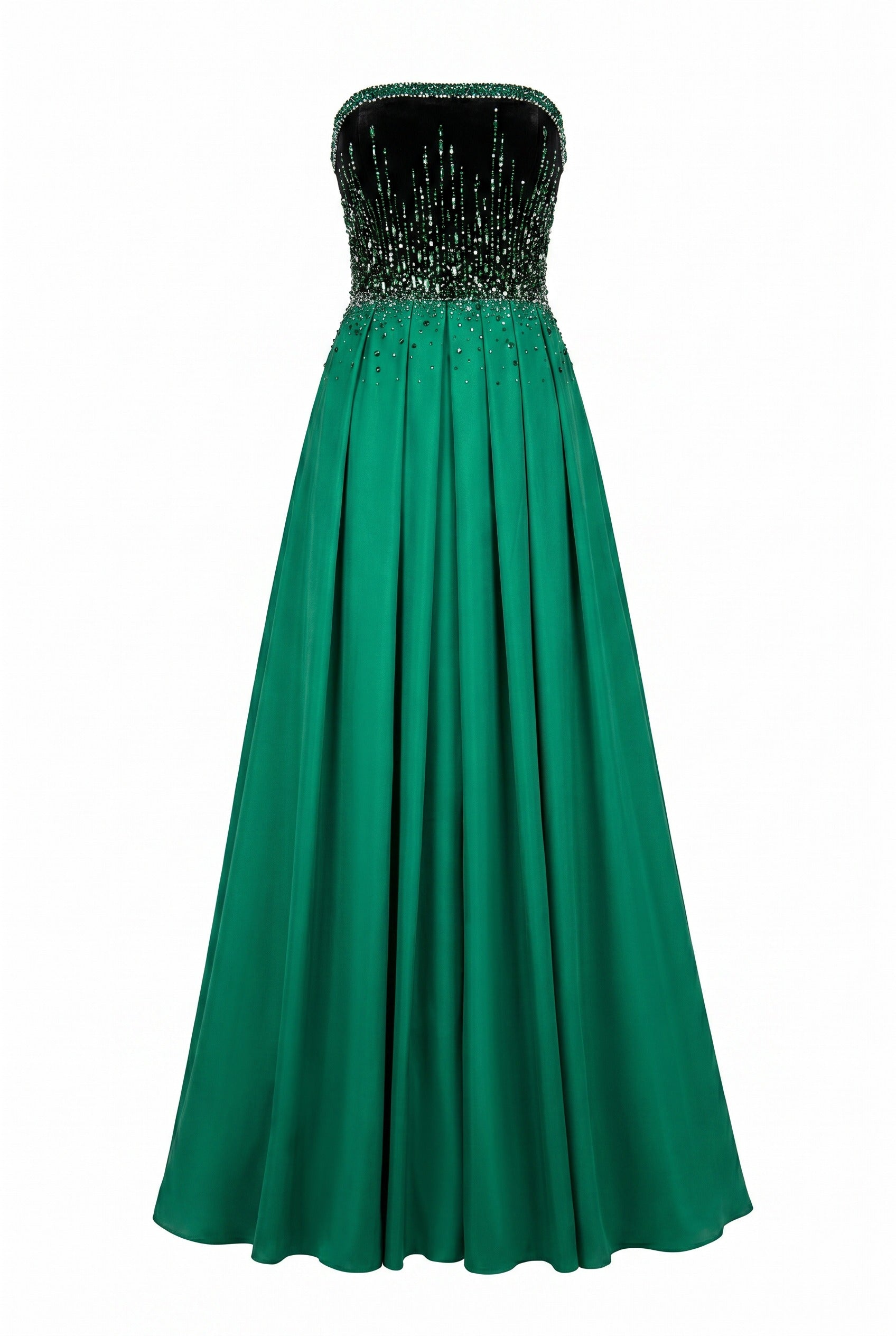 Crystal-Embellished Strapless Green Evening Gown