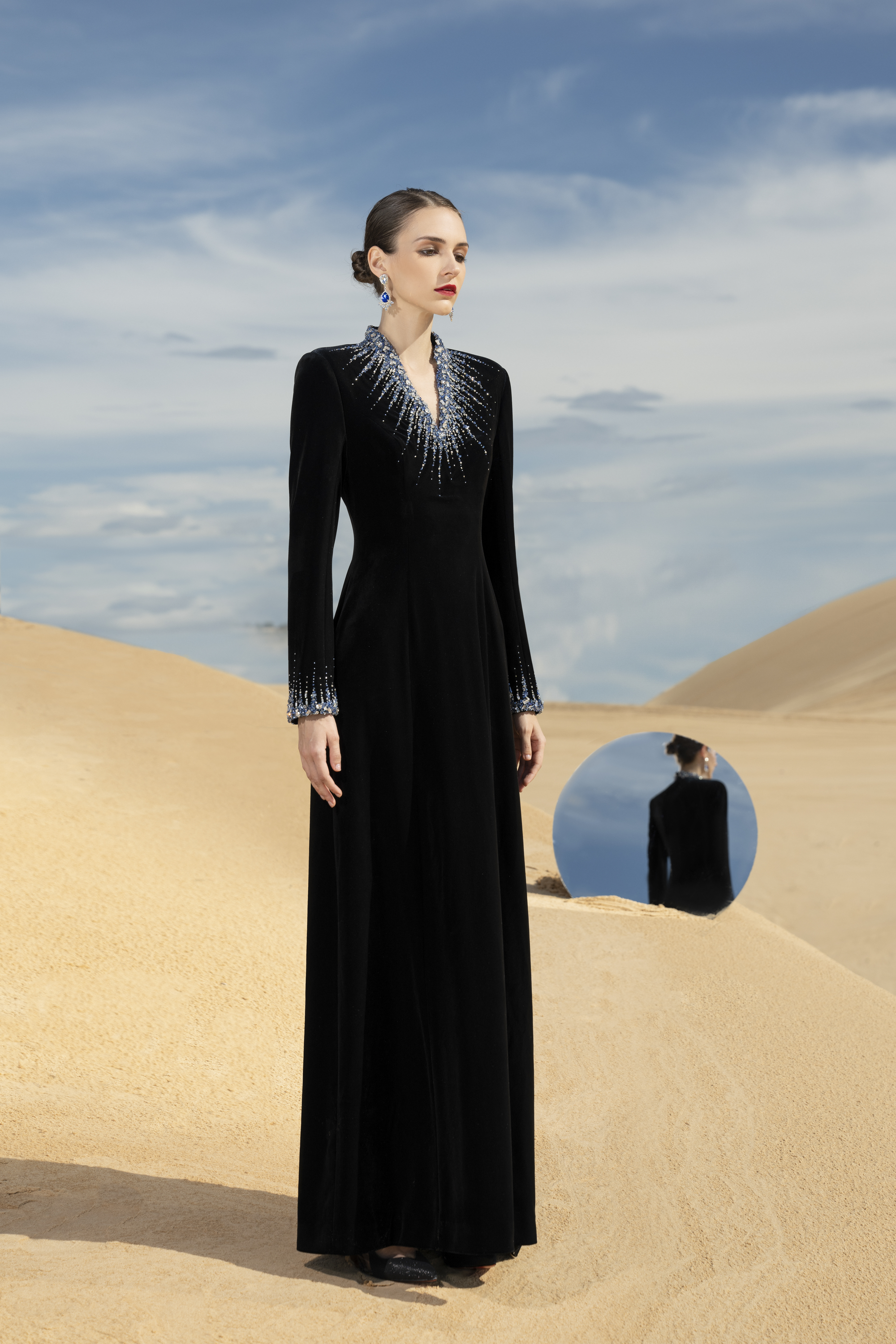 Crystal-Embellished V-Neck Black Long Sleeve Maxi Gown