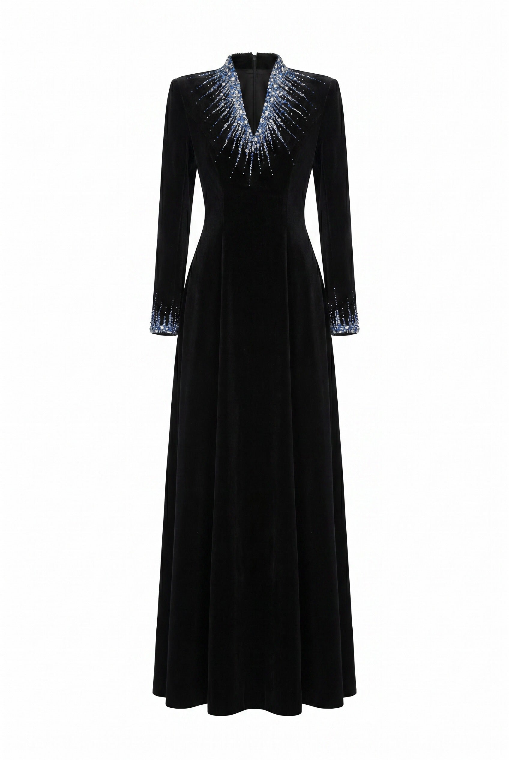 Crystal-Embellished V-Neck Black Long Sleeve Maxi Gown