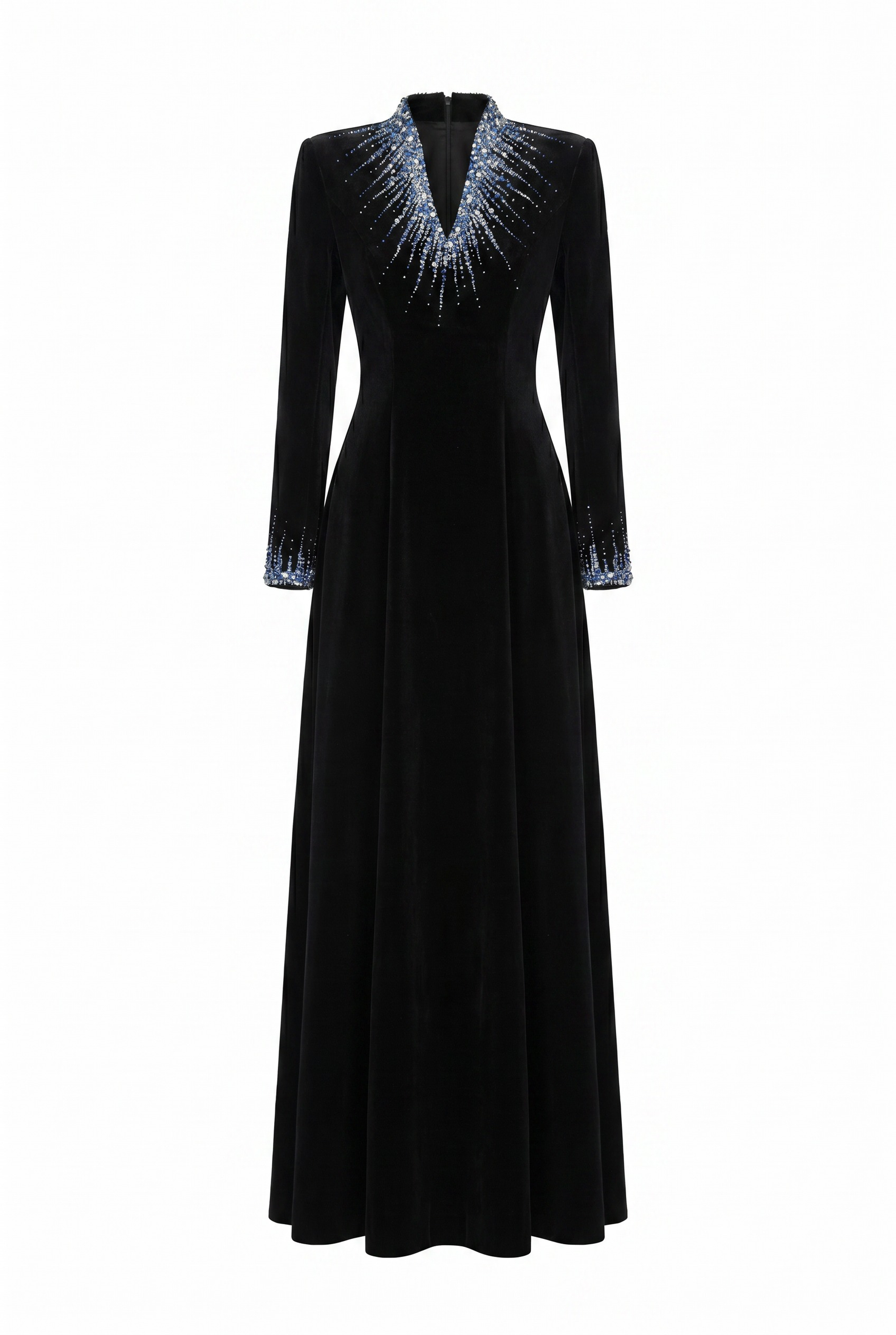 Crystal-Embellished V-Neck Black Long Sleeve Maxi Gown