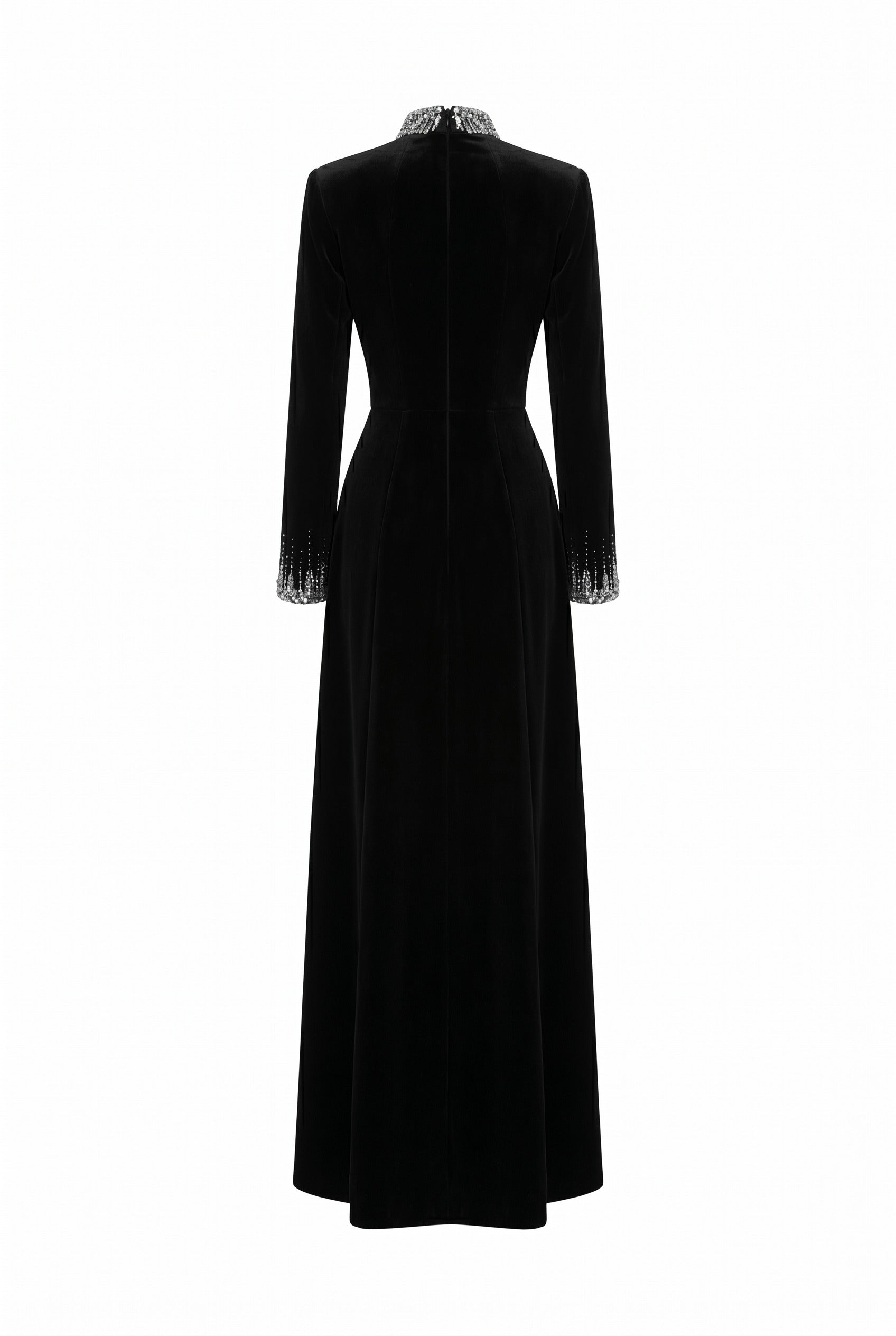 Crystal-Embellished V-Neck Black Long Sleeve Maxi Gown