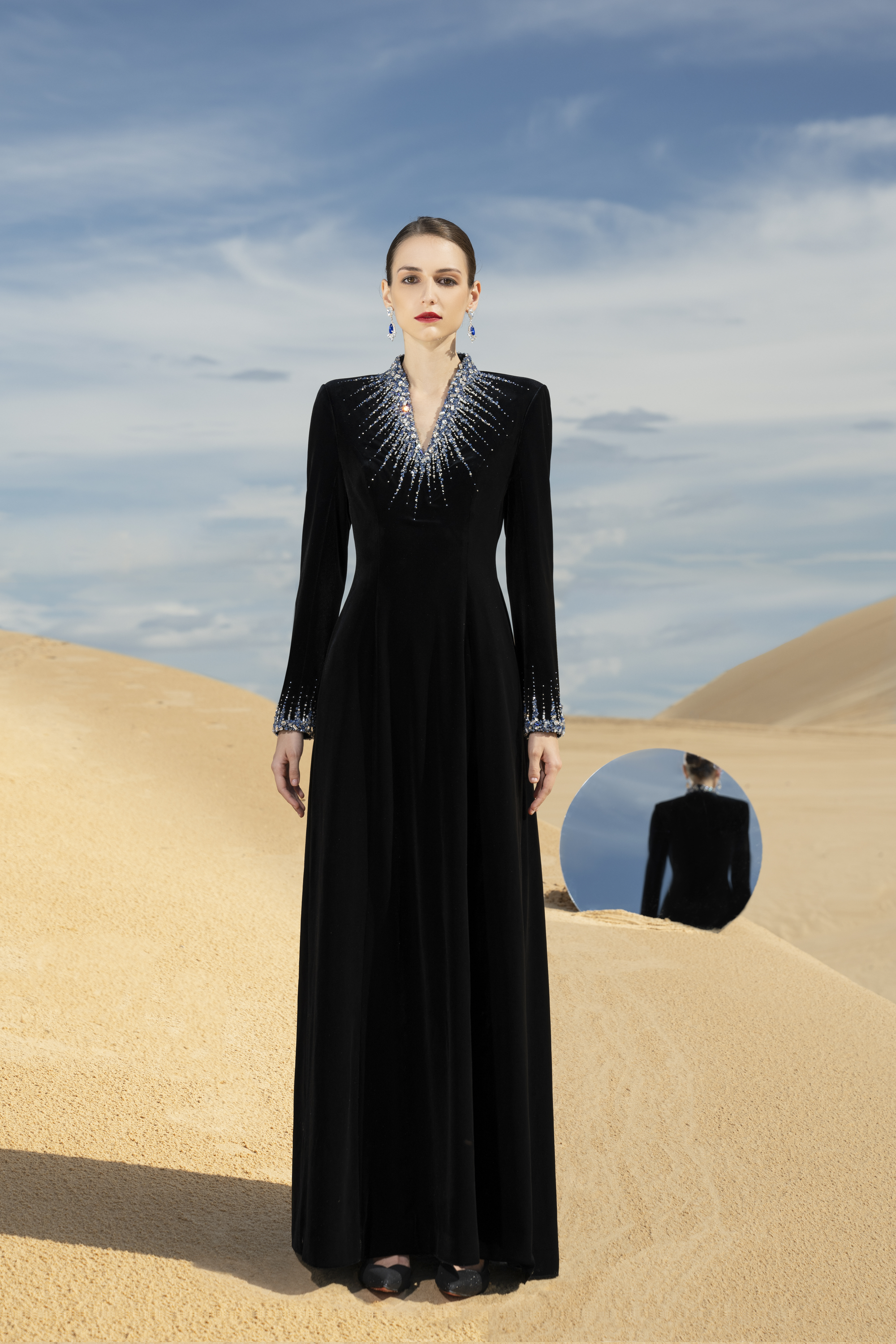 Crystal-Embellished V-Neck Black Long Sleeve Maxi Gown