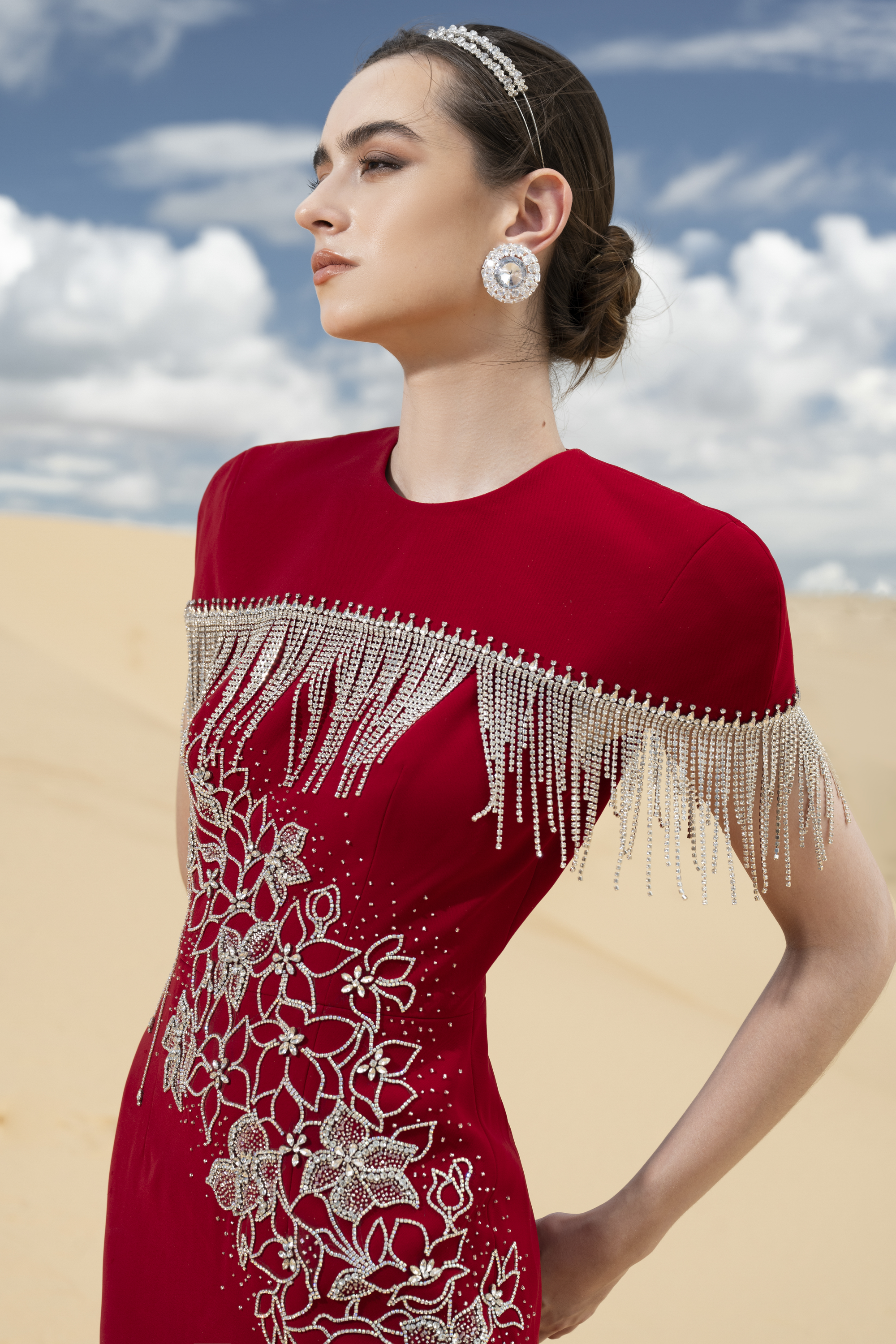 Crystal Fringe Cape and Floral Embellished Red Dress Set