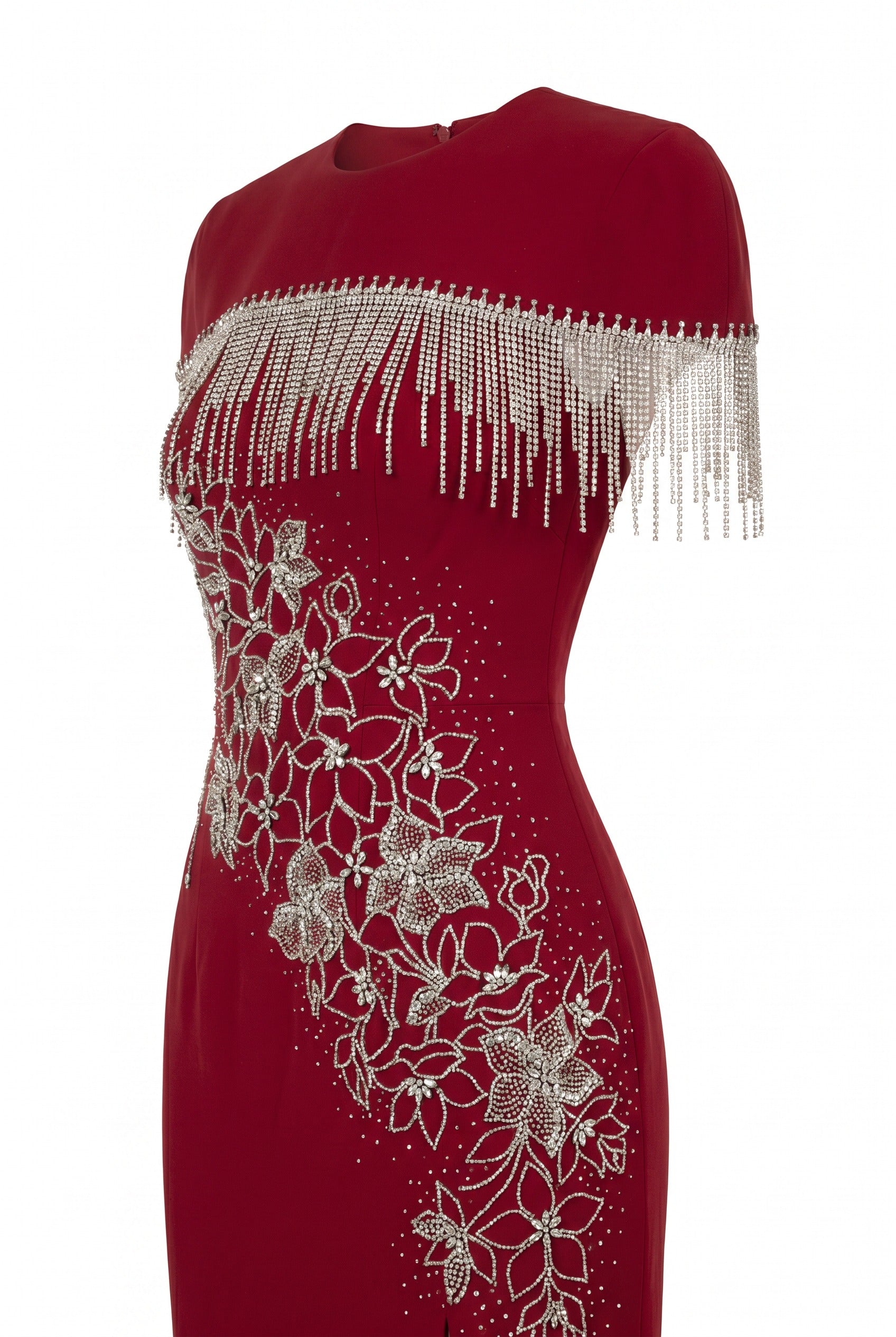 Crystal Fringe Cape and Floral Embellished Red Dress Set