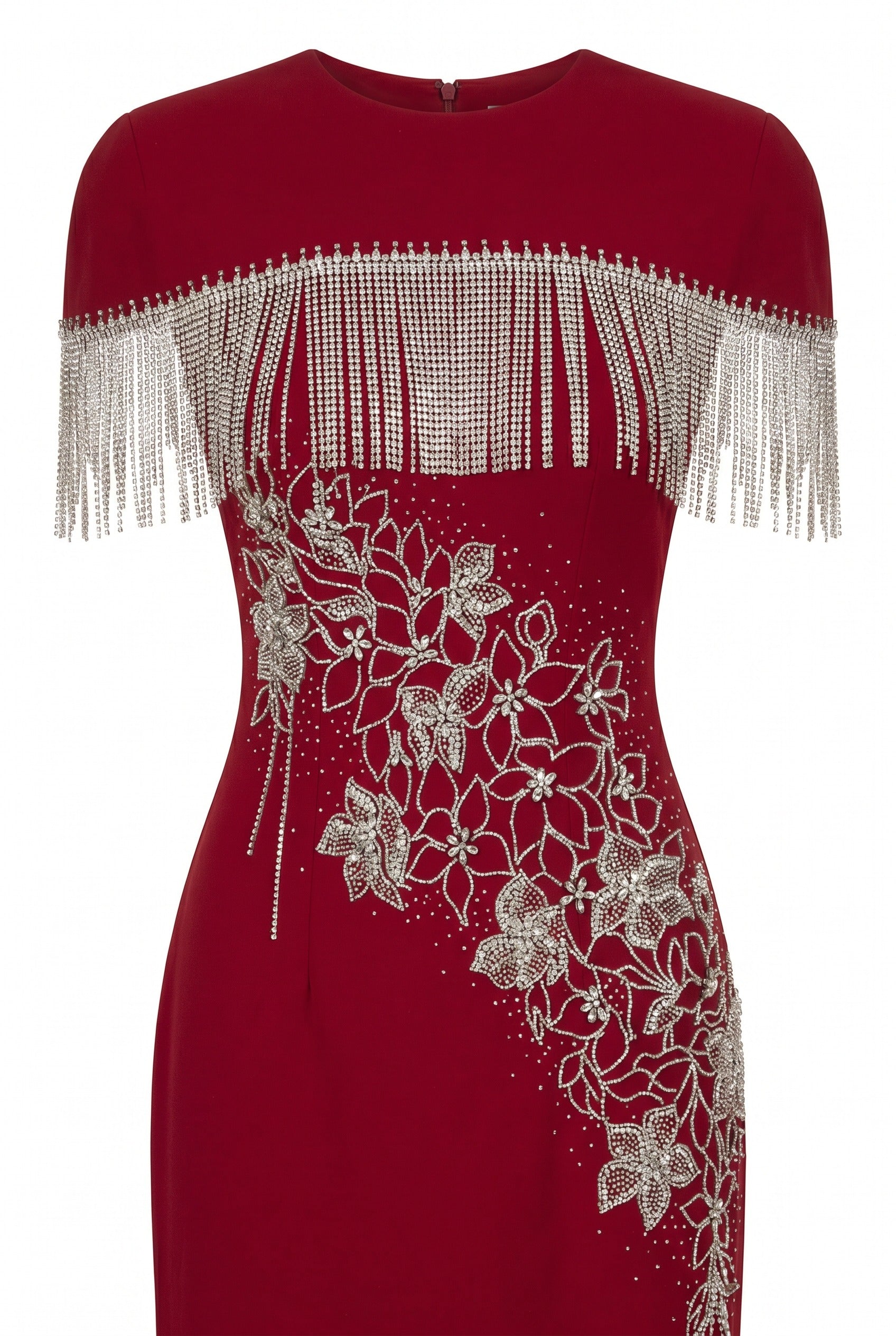 Crystal Fringe Cape and Floral Embellished Red Dress Set