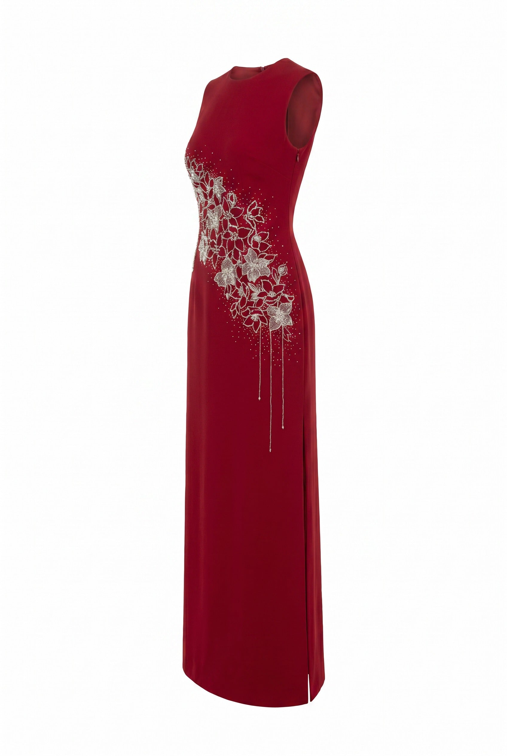 Crystal Fringe Cape and Floral Embellished Red Dress Set