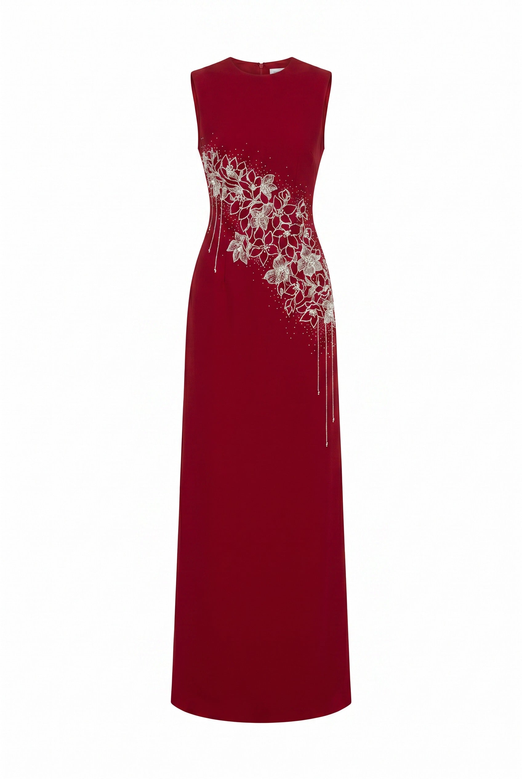 Crystal Fringe Cape and Floral Embellished Red Dress Set
