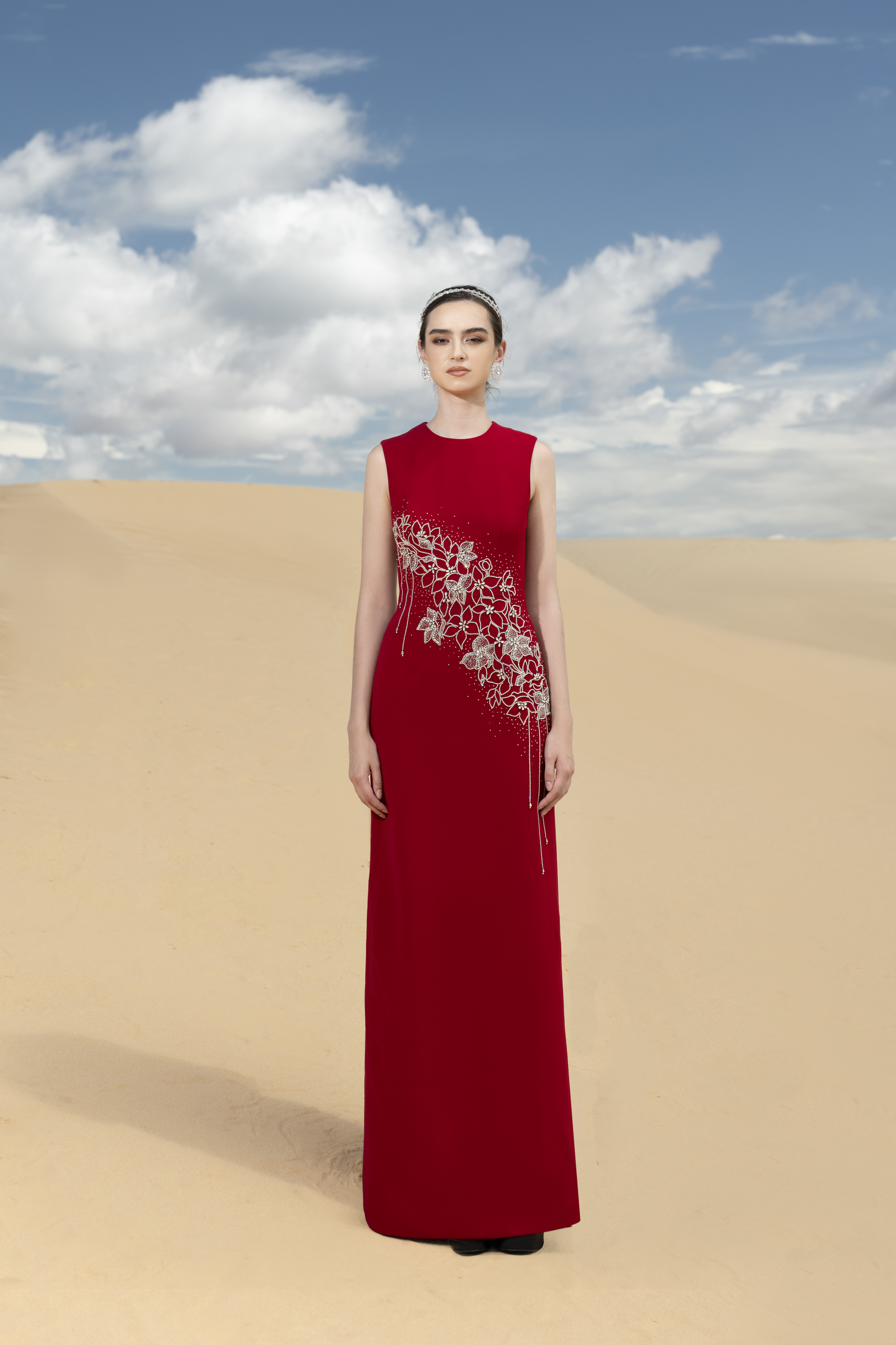 Crystal Fringe Cape and Floral Embellished Red Dress Set
