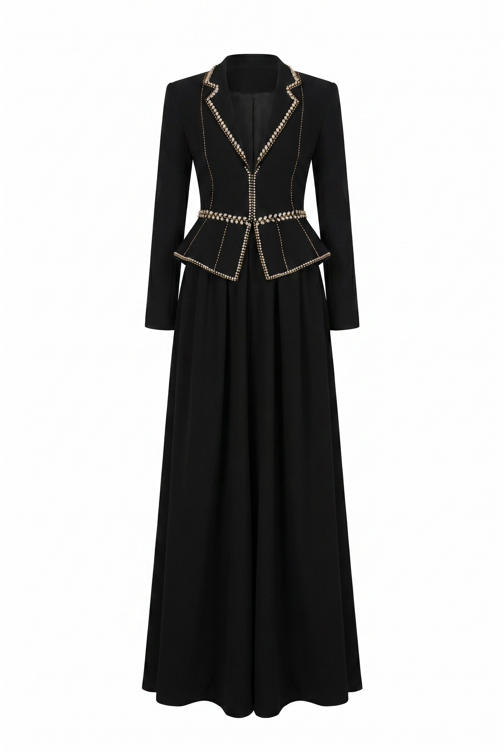 Crystal-Trimmed Peplum Black Maxi Gown