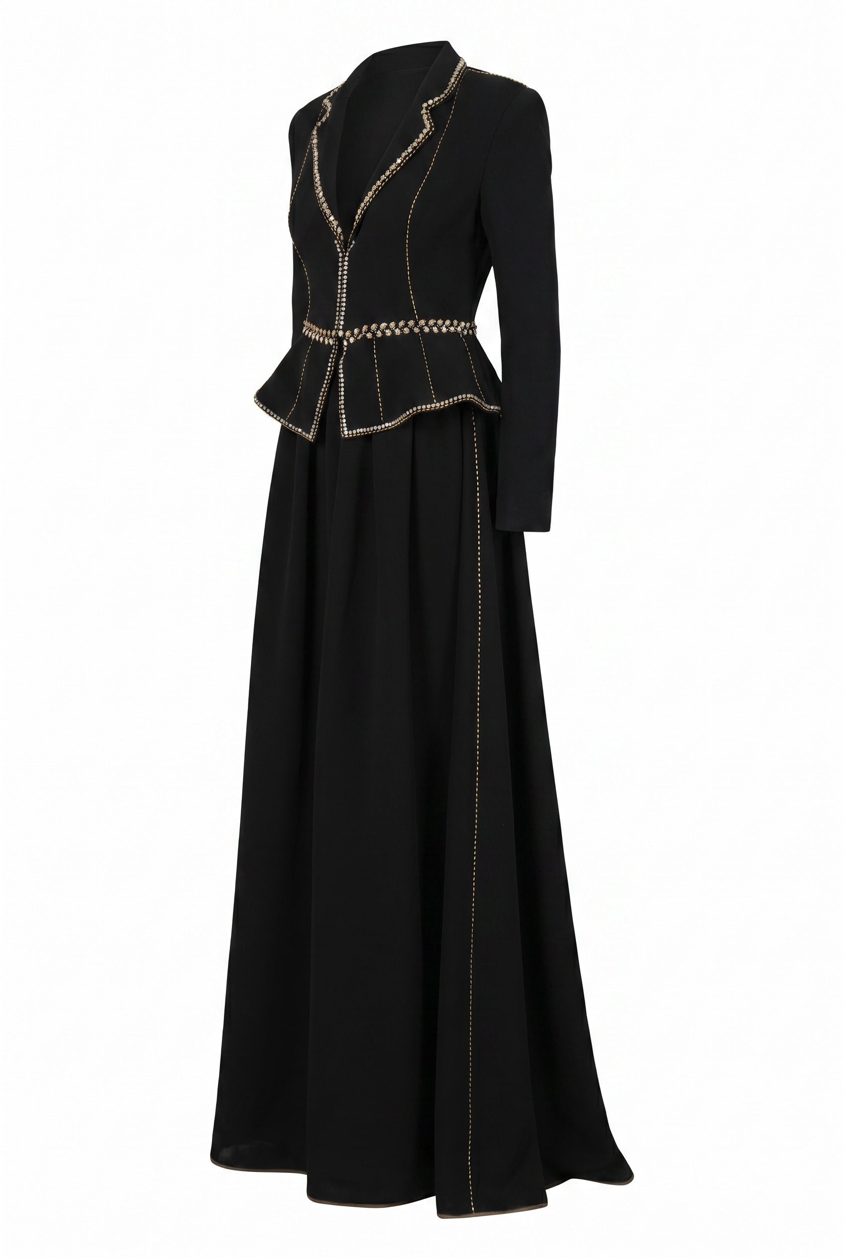 Crystal-Trimmed Peplum Black Maxi Gown