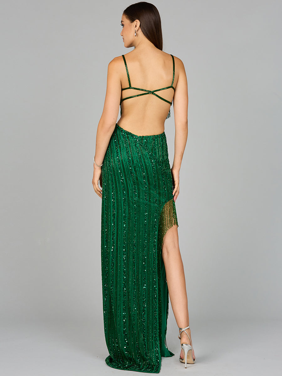 Cutout Beaded Gown with Fringes 9957