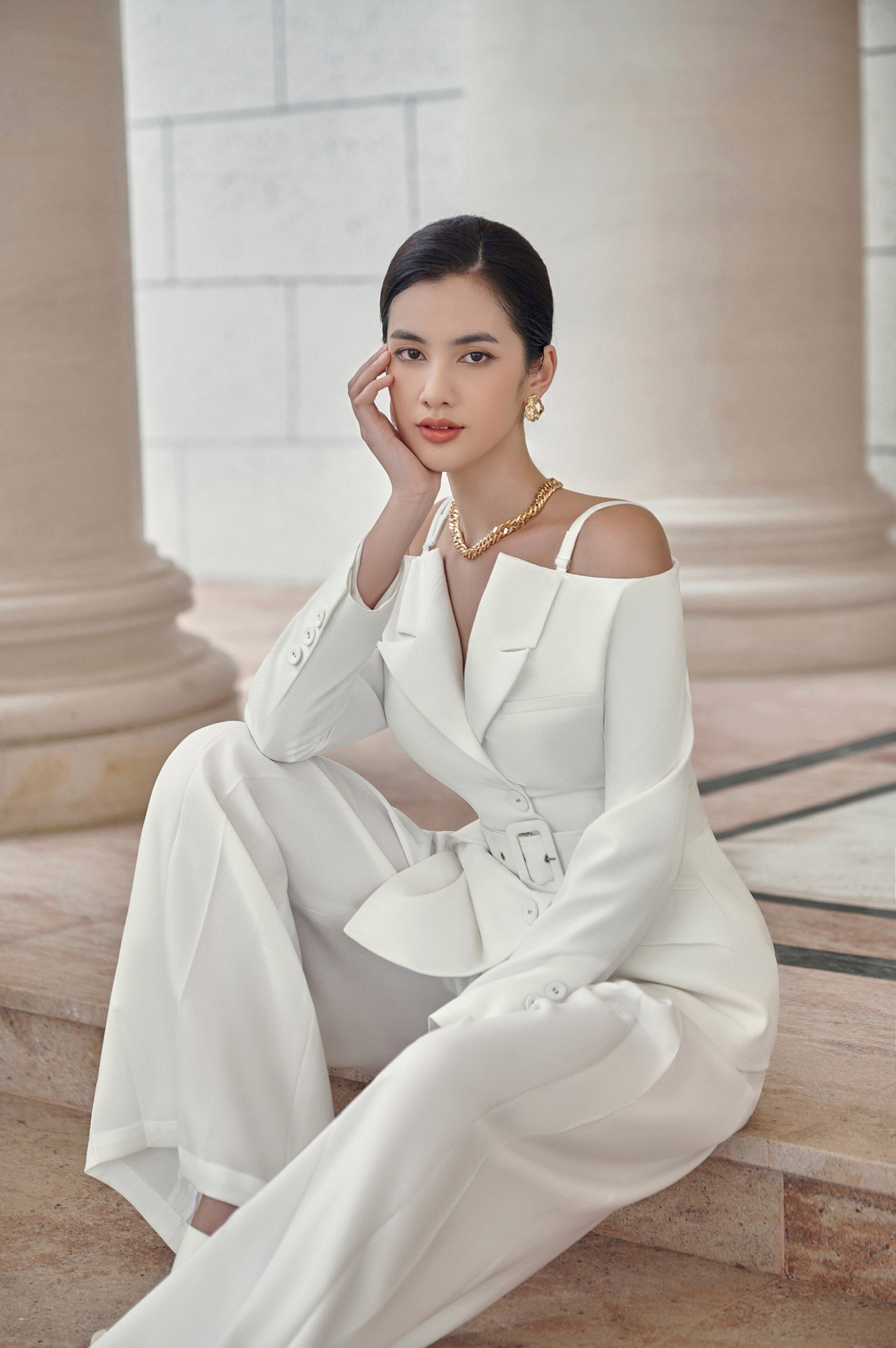 white off shoulder blazer dress Elodie White Off-shoulder Blazer