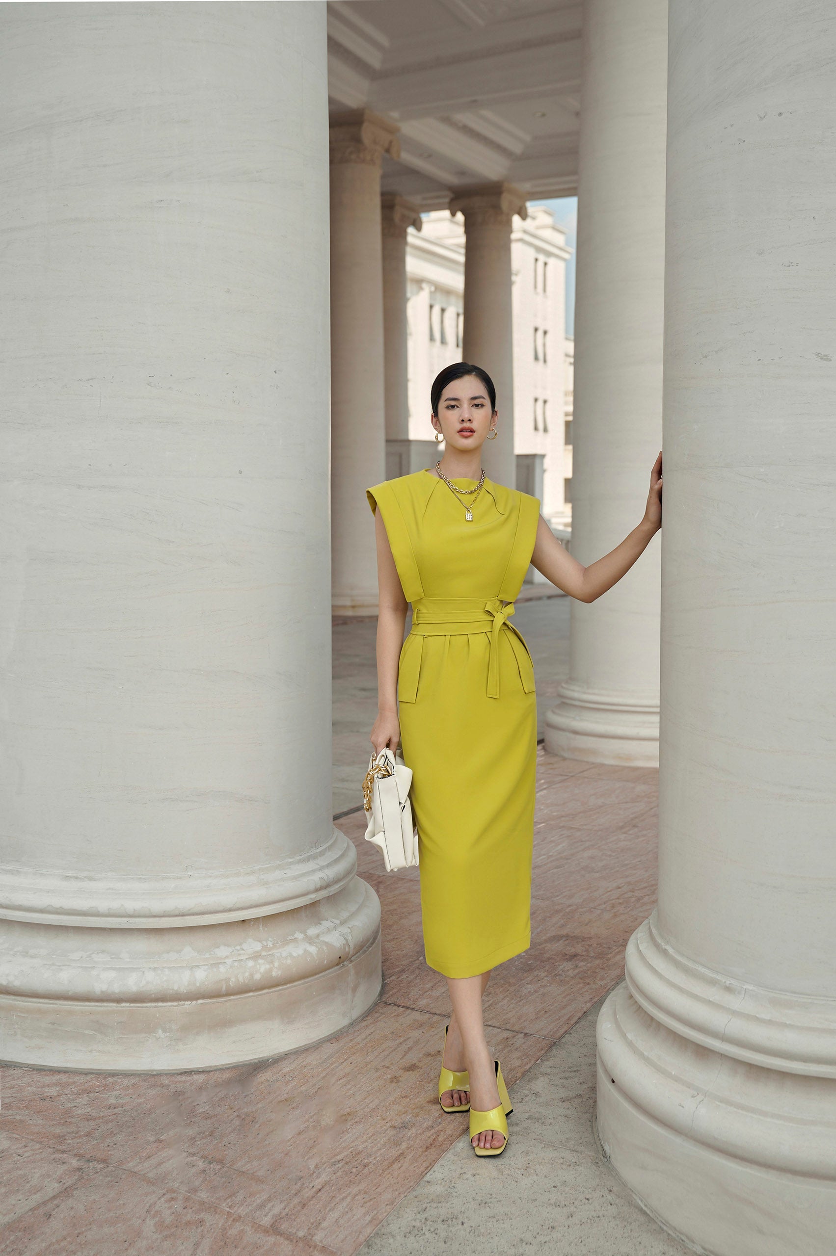 Harper Olive Square Shoulder Pencil Dress