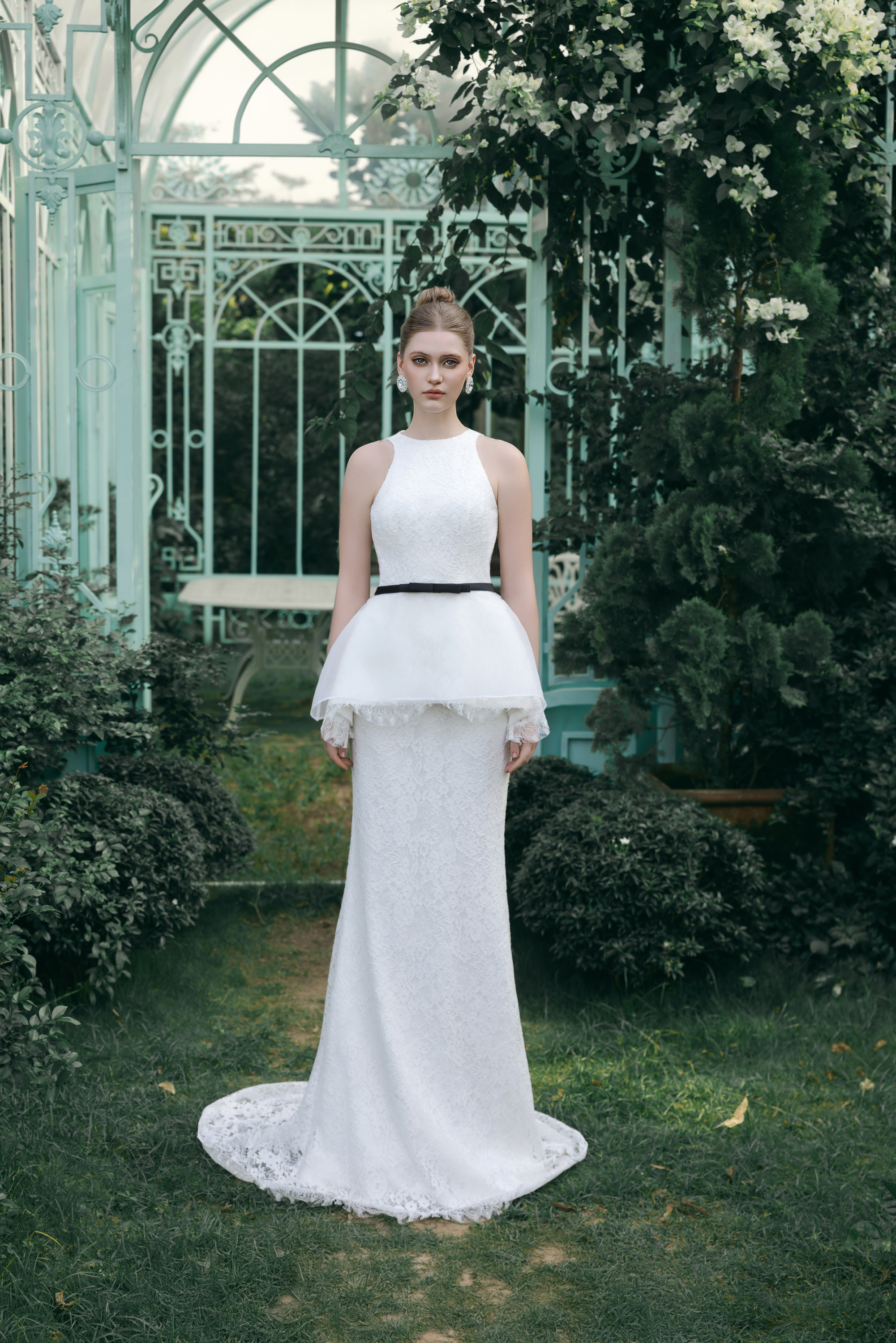 Ory Set – Lace Peplum Column Gown with Bow Belt
