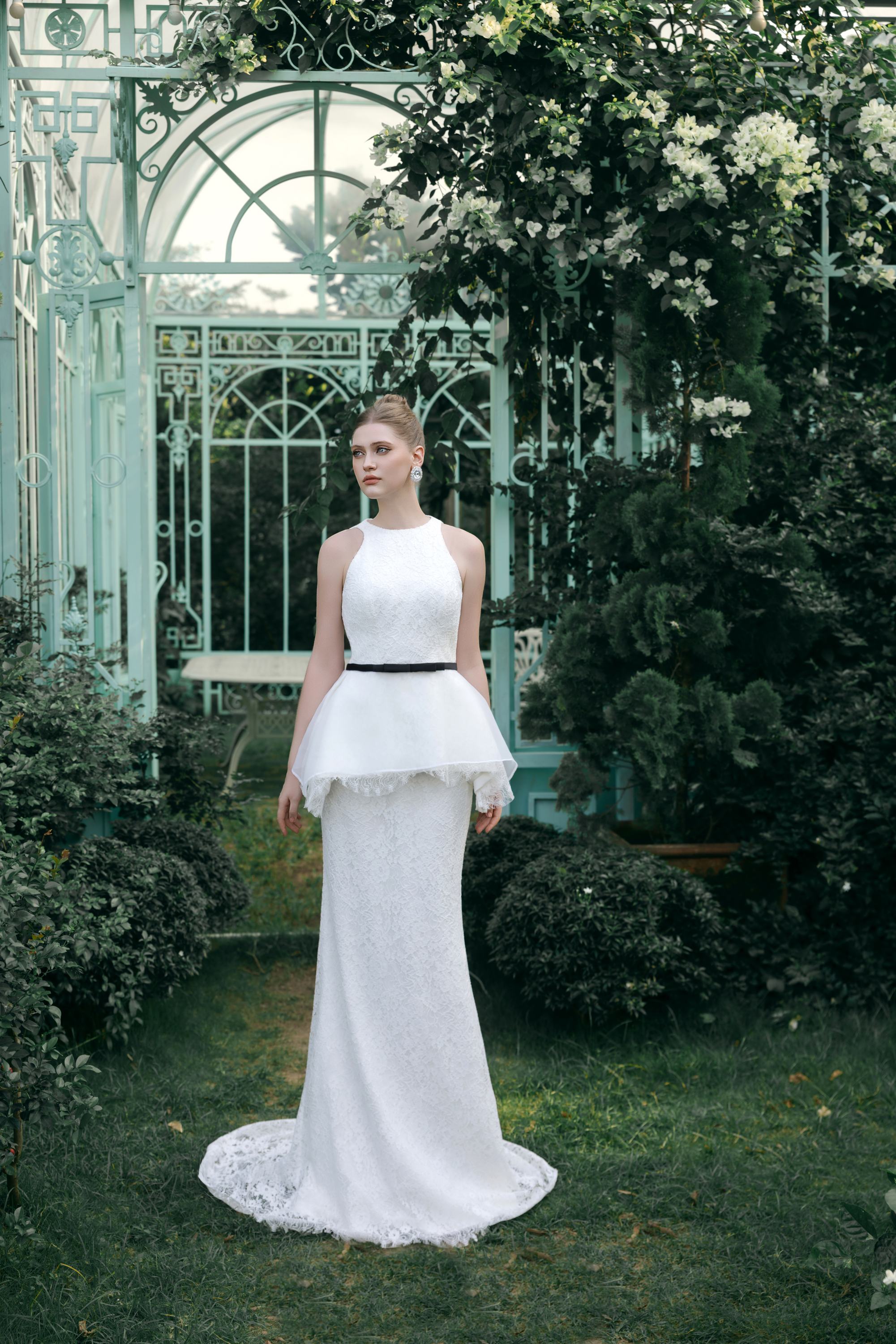 Ory Set – Lace Peplum Column Gown with Bow Belt