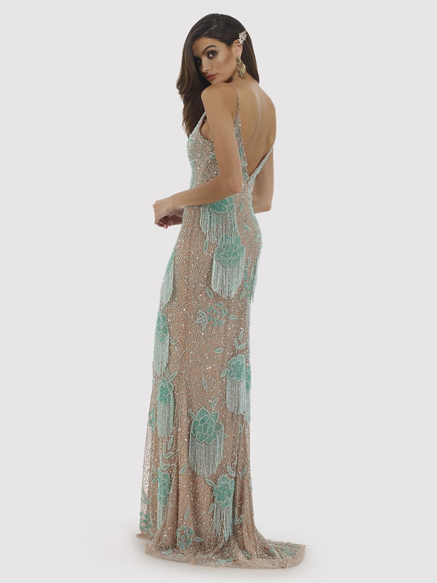 Danika Floral Beaded Sheath Dress with Beaded Fringe 29892