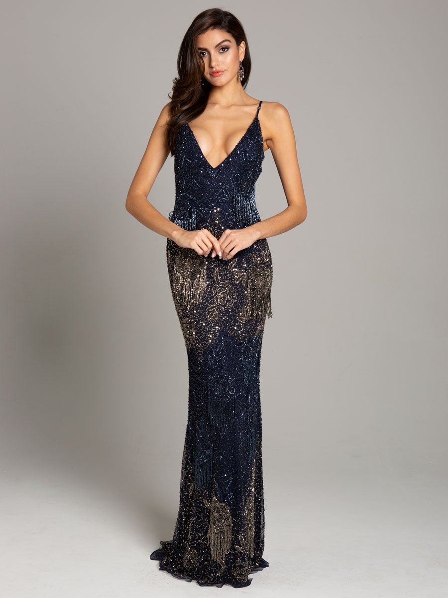 Danika Floral Beaded Sheath Dress with Beaded Fringe 29892