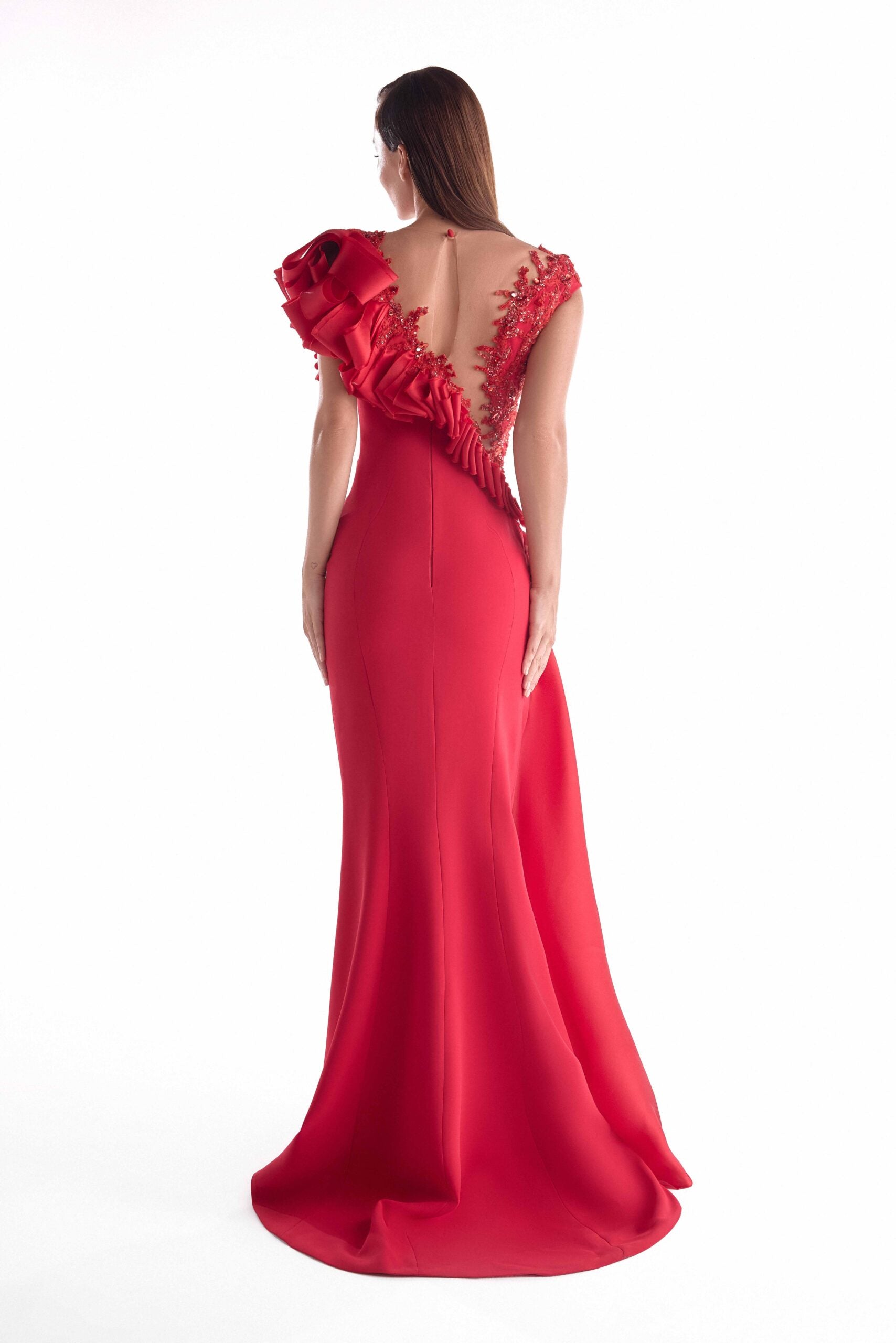 Deep Plunging Lustrous Red Gown G2134