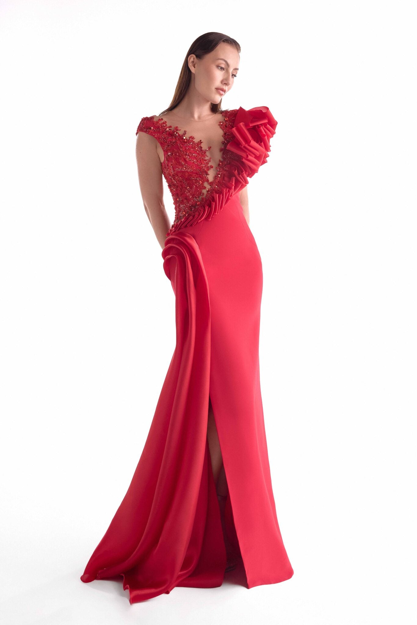 Deep Plunging Lustrous Red Gown G2134