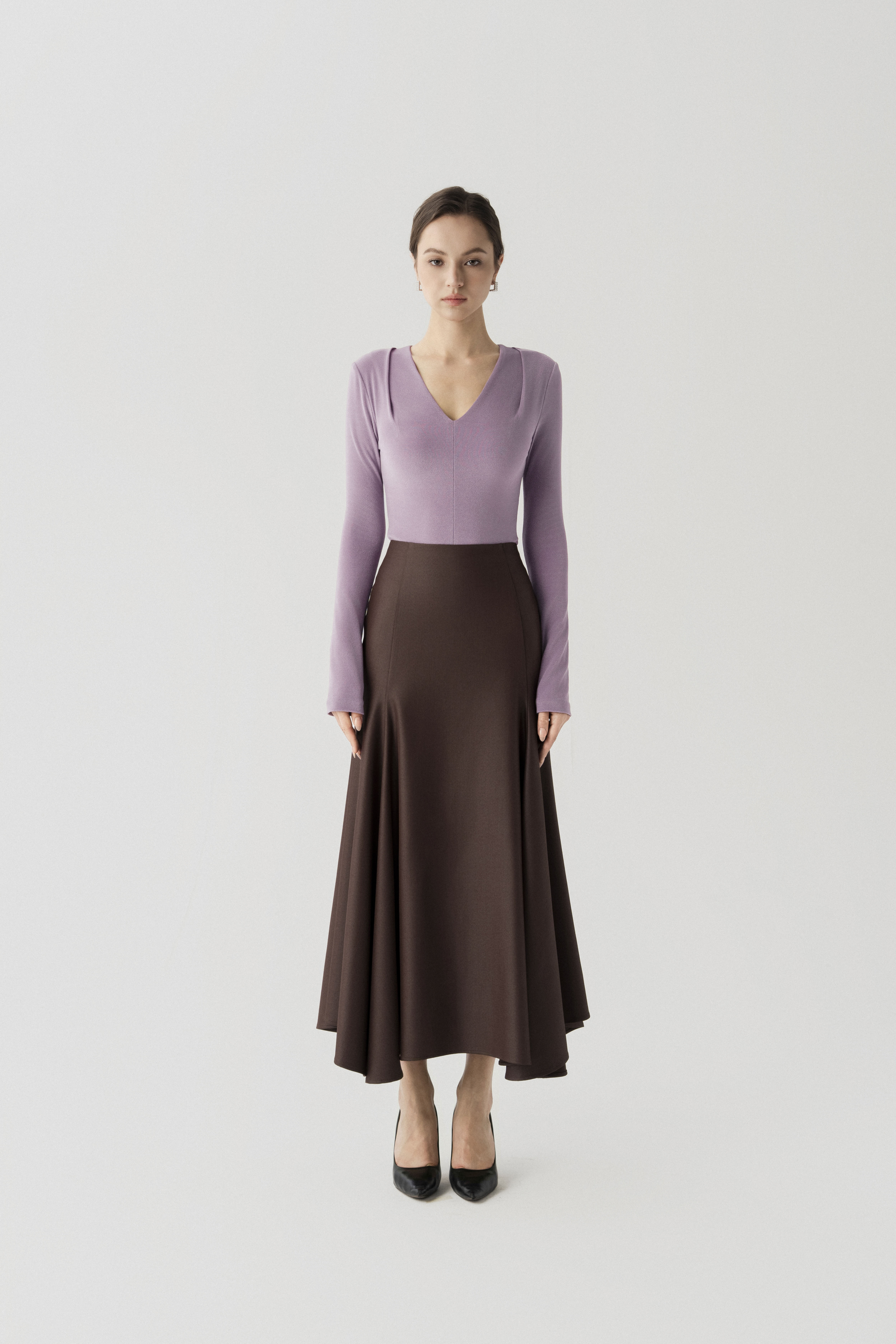 Double Knit Crepe Top in Lavender & Halo Fishtail Skirt in Chicory Coffee