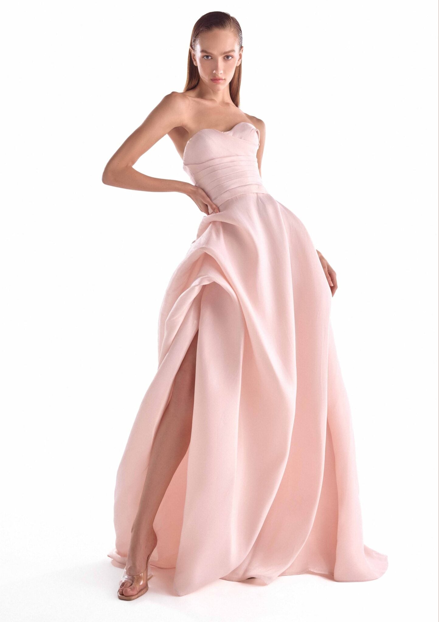 Draped Bodice Salmon Pink Fluid Organza Gown G2121