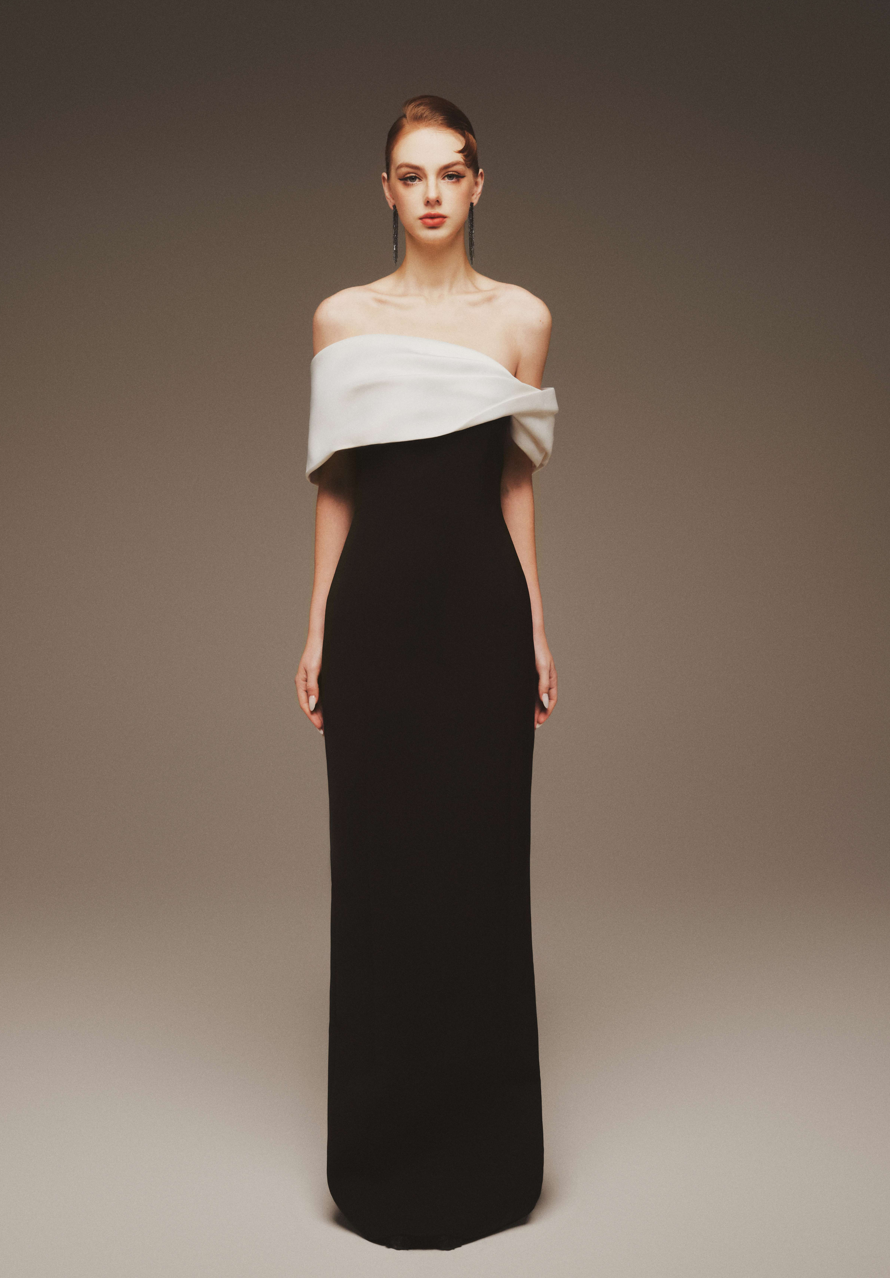 Draped Off-Shoulder Column Gown