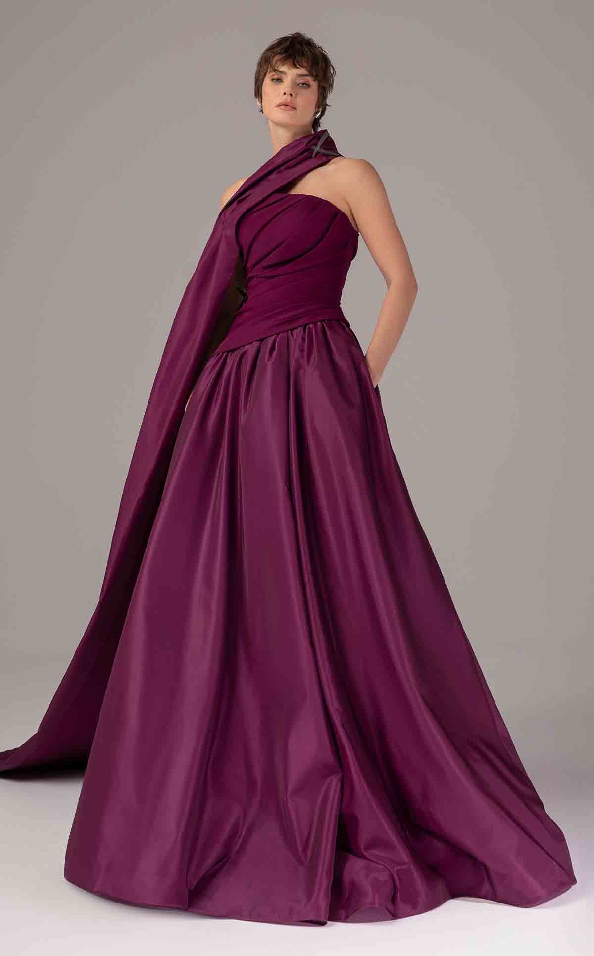Purple Satin A-Line Gown with Draped Train E0089