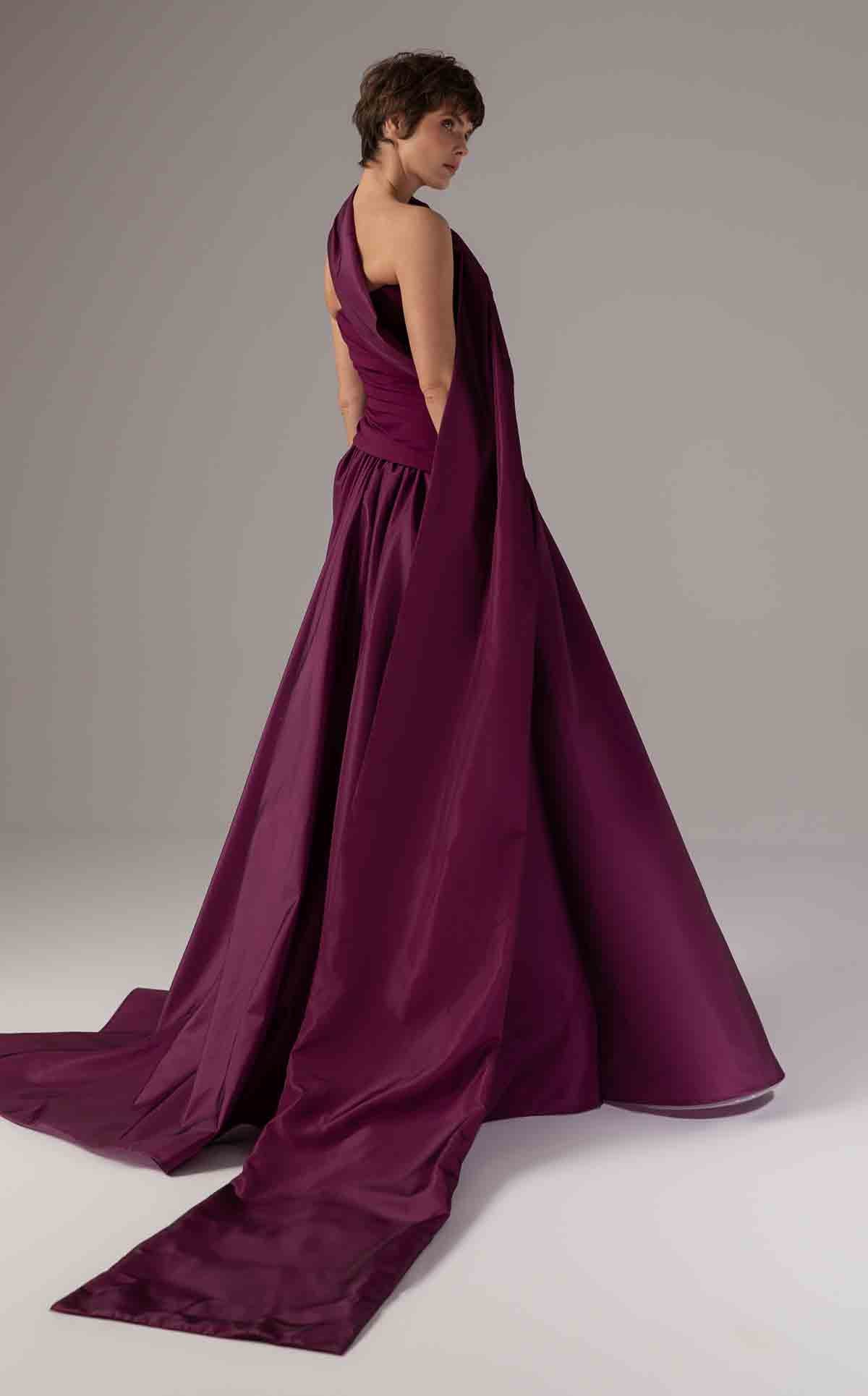 Purple Satin A-Line Gown with Draped Train E0089