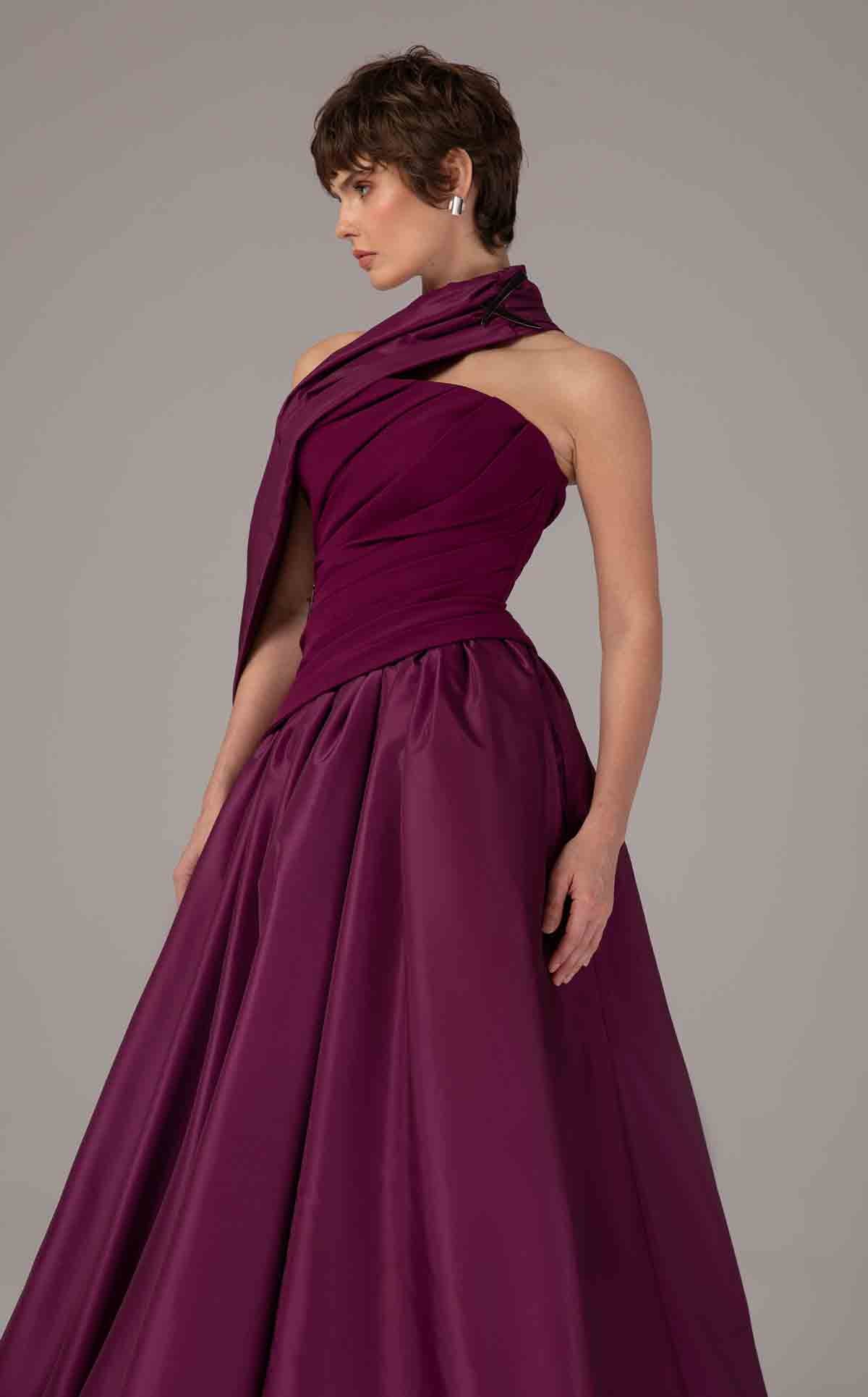 Purple Satin A-Line Gown with Draped Train E0089
