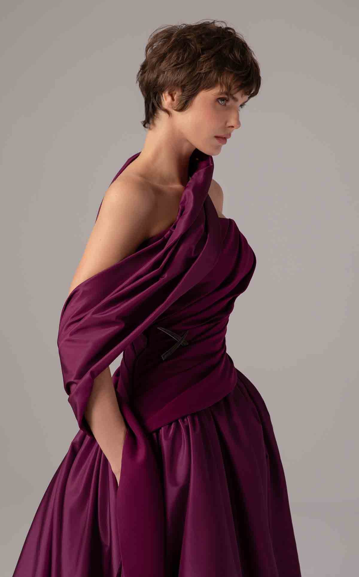 Purple Satin A-Line Gown with Draped Train E0089