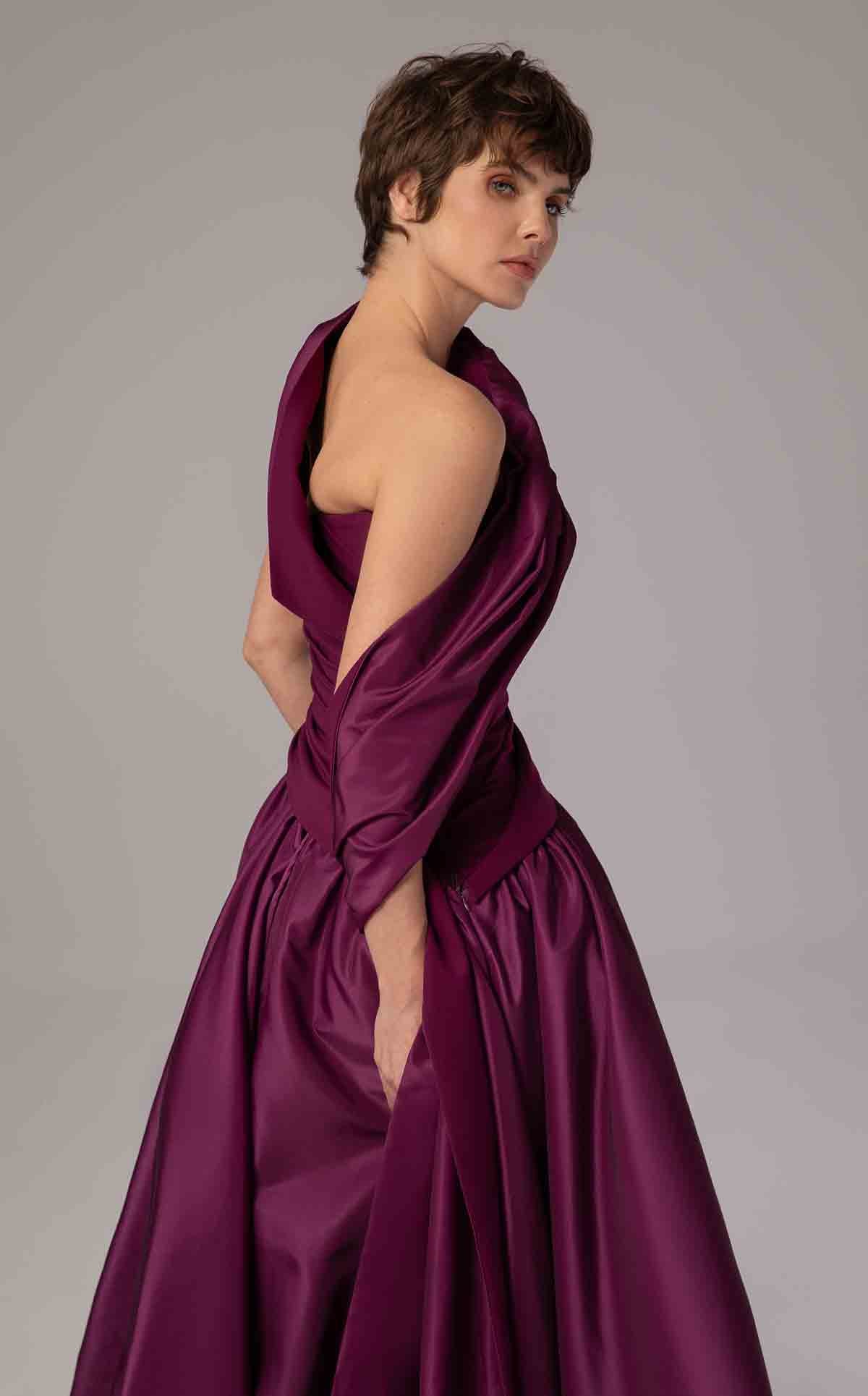Purple Satin A-Line Gown with Draped Train E0089